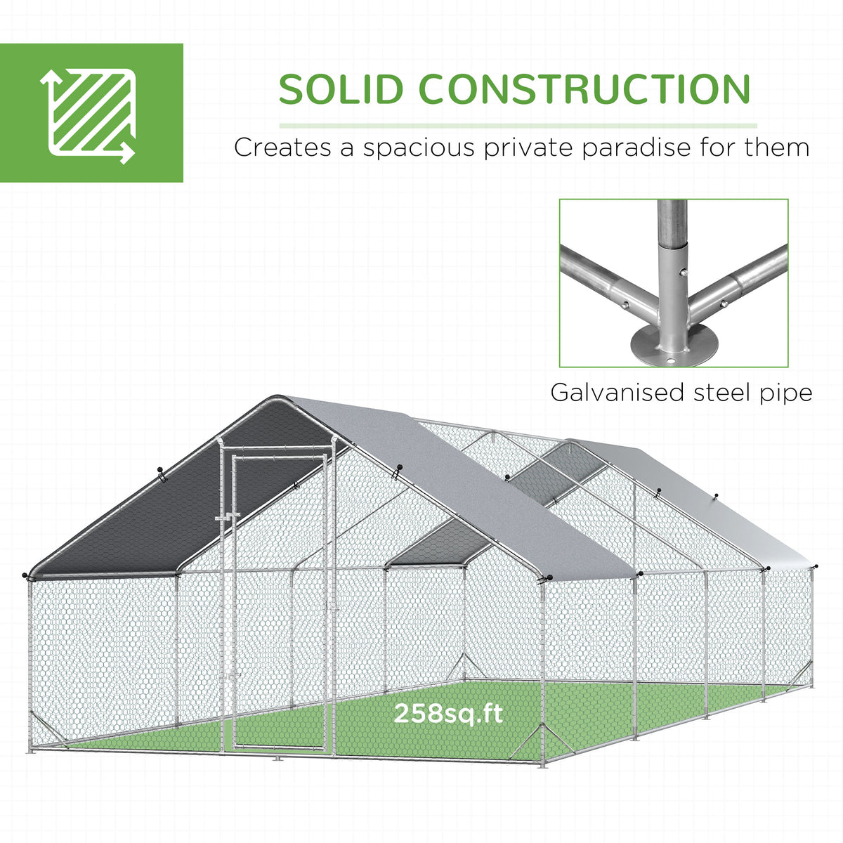 Chicken Run Galvanised Walk-in Chicken Coop Hen Poultry House Cage Rabbit Hutch with Water-Resist Cover, 3 x 8 x 2m