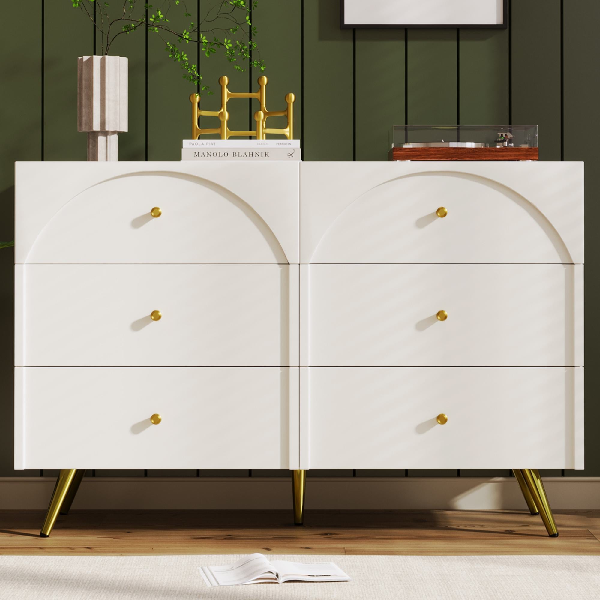 Height Ajustable Sideboard with 6 Storage Drawers, Cabinet with Wood and Metal Construction, 120L x 40W x 85H cm, White