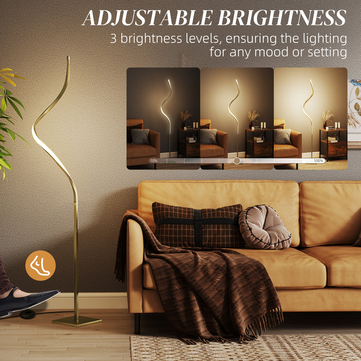 Modern LED Floor Lamp with 3 Brightness Levels and Foot Switch - Gold Tone