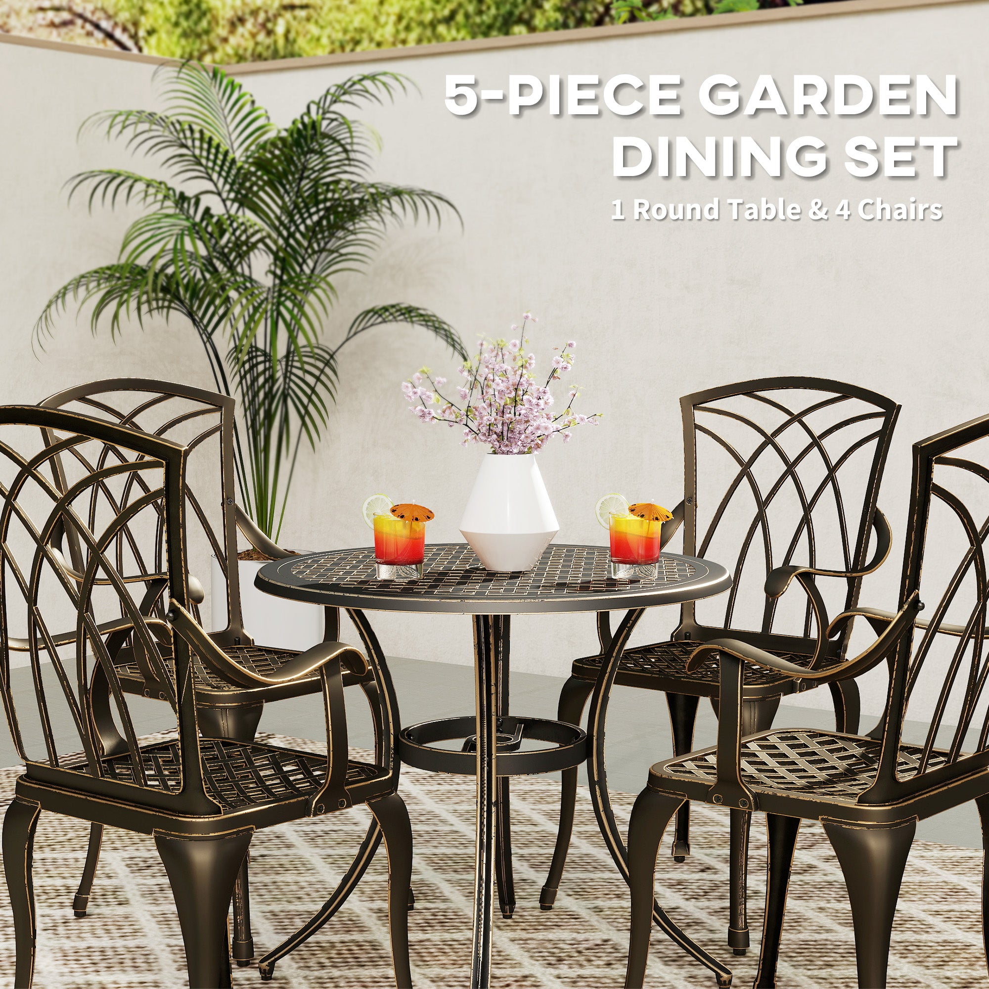 5 Piece Cast Aluminium Garden Dining Set with Parasol Hole - Bronze Tone