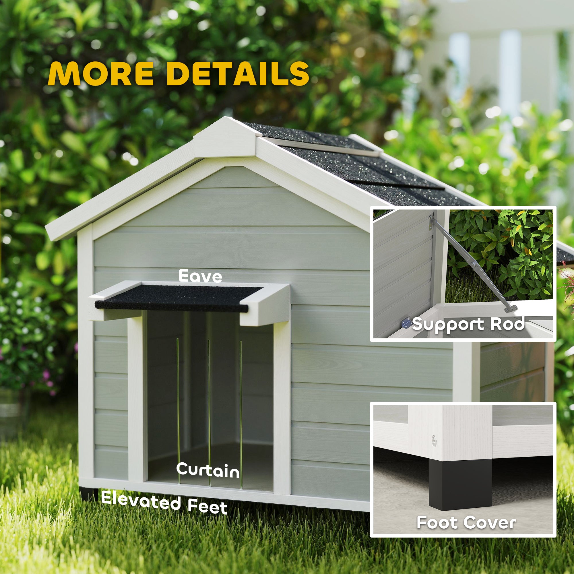 Wooden Dog House Outdoor with Openable Roof, Removable Floor, Curtain, Elevated Feet, for Medium Dogs, Light Grey