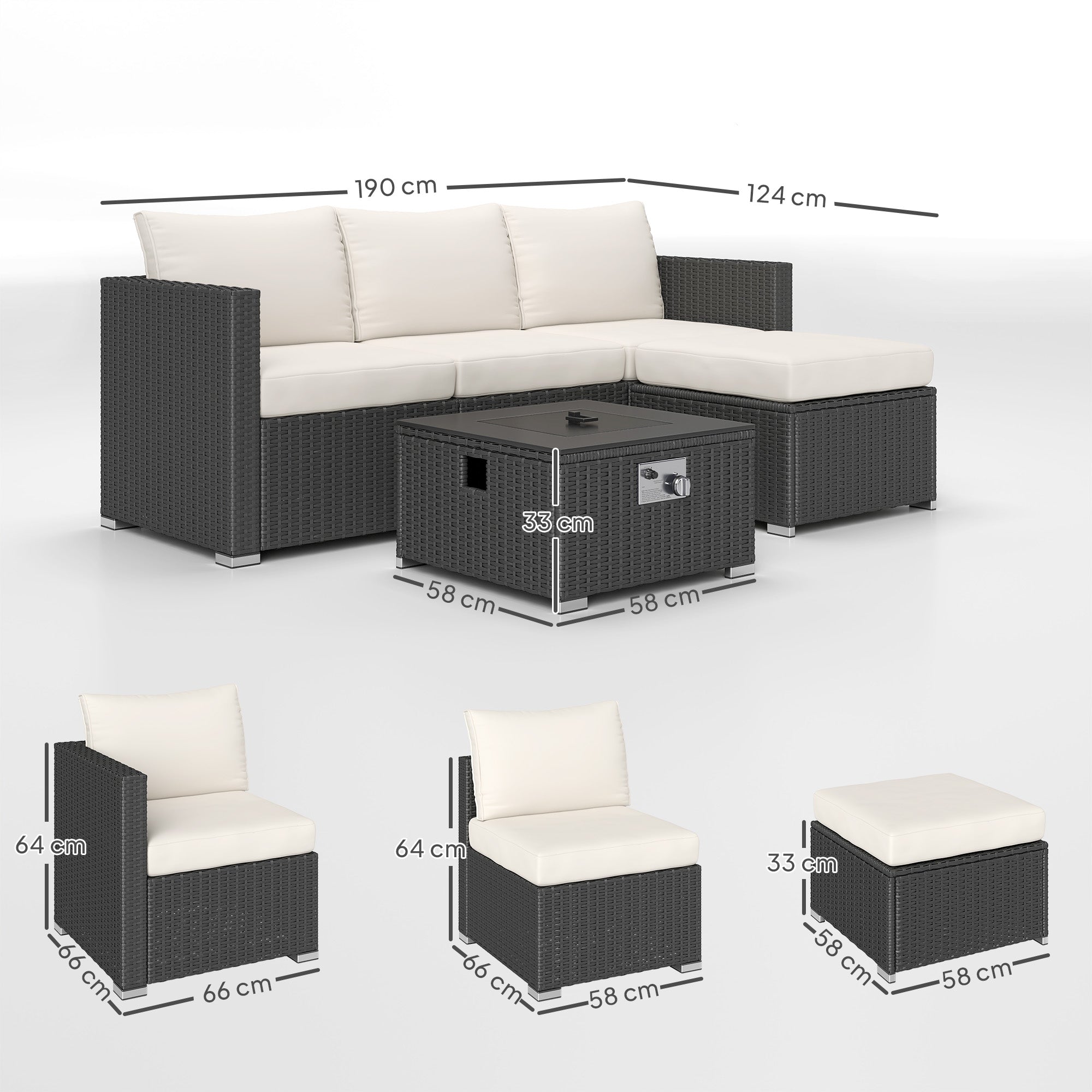 Five Piece Rattan Garden Furniture Set with Gas Fire Pit Table and Footstool - Black and Cream White