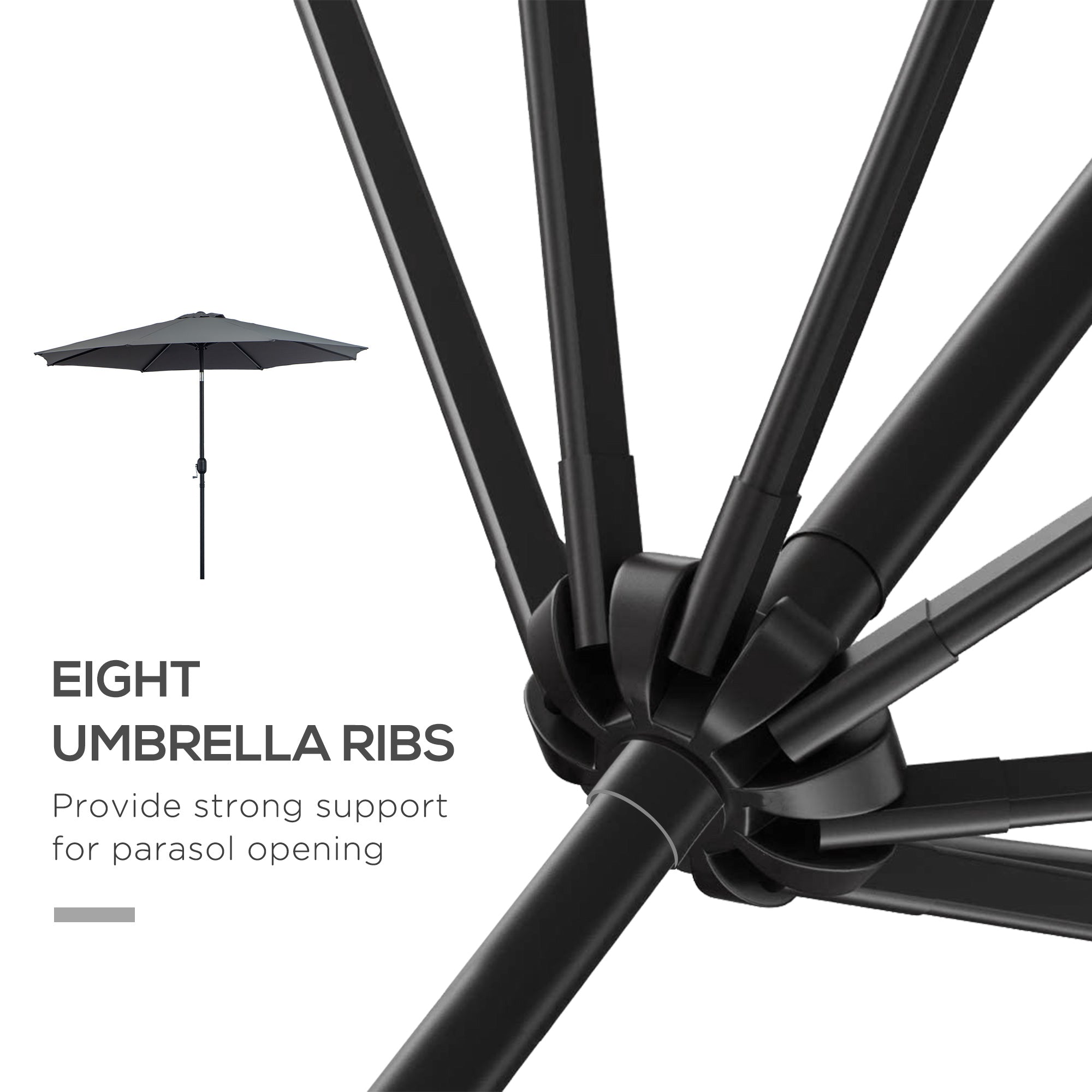 3m Tilting Garden Parasol with 8 Ribs, Crank Handle & Sun Shade for Balcony, Bench - Dark Grey