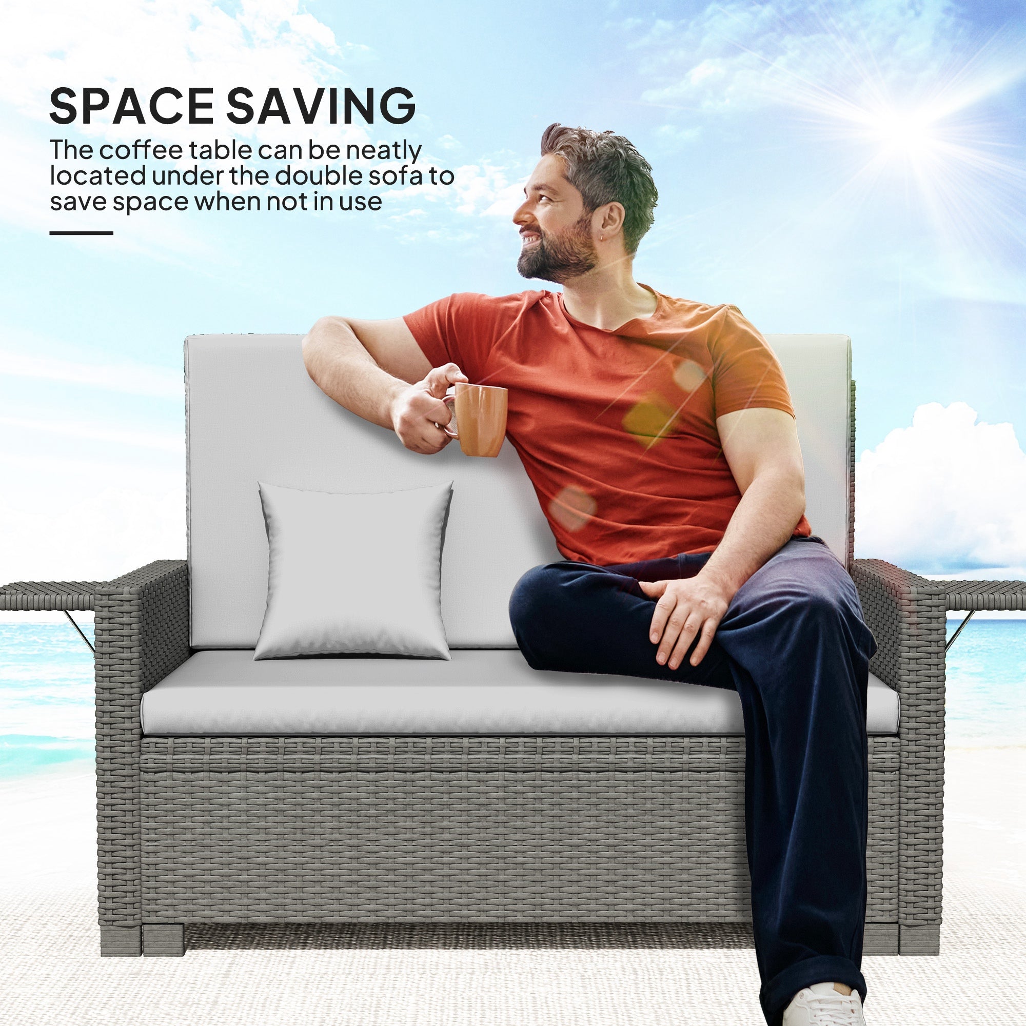 2 Piece Rattan Day Bed Set with Storage Footstool - Light Grey