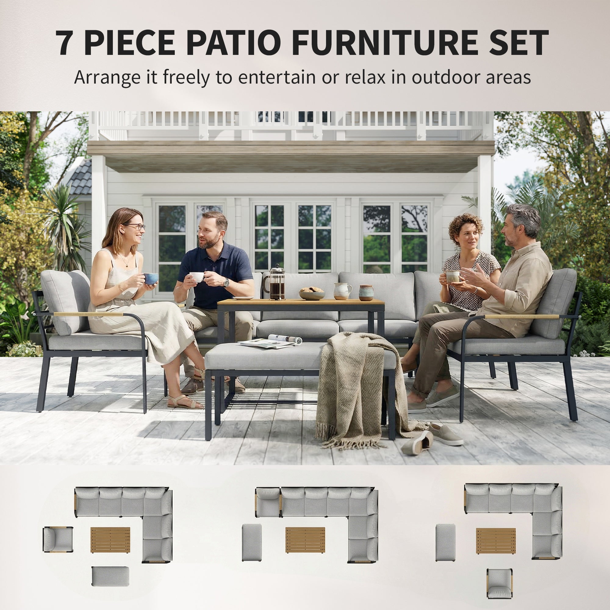 7 Seater Garden Furniture Set, Metal Garden Sofa Set with Cushions, Outdoor Furniture Conversation Sets, Light Grey