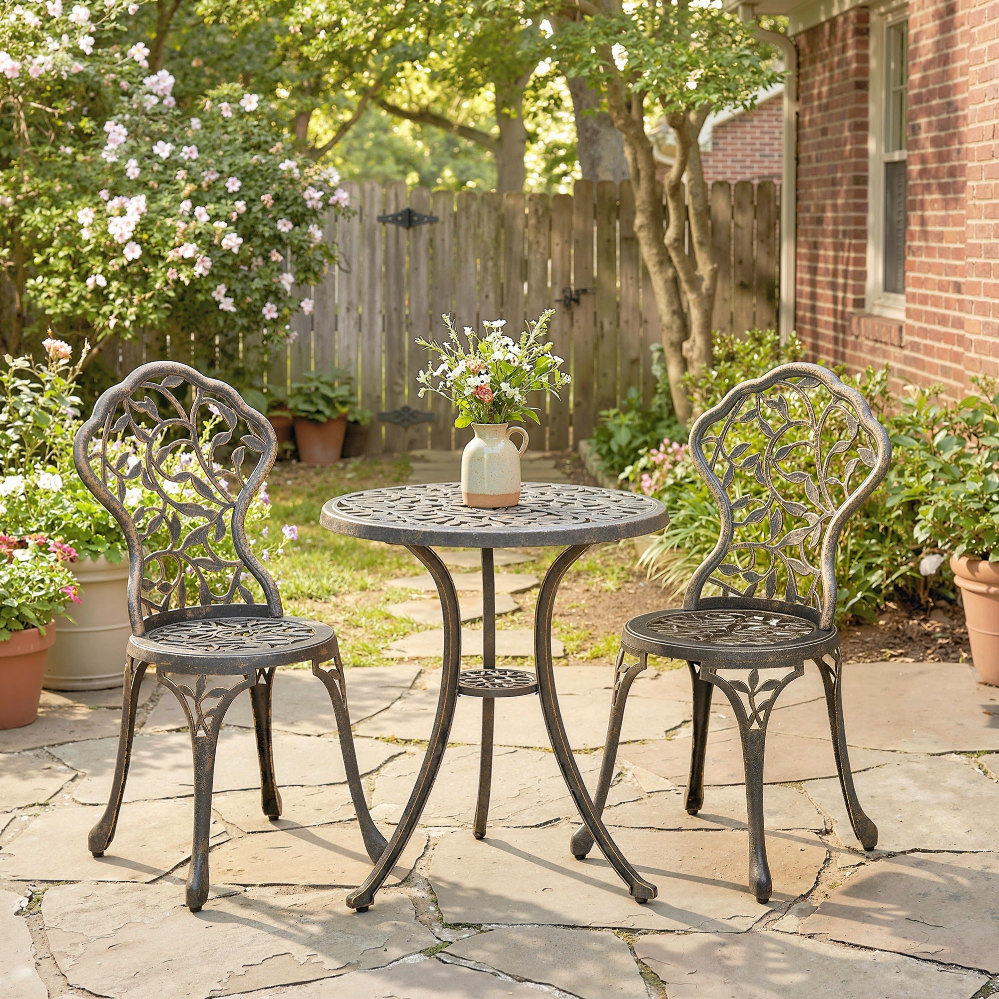 3 Pcs Aluminium Bistro Set Garden Furniture Dining Table Chairs Outdoor Seat Patio Seater Brown