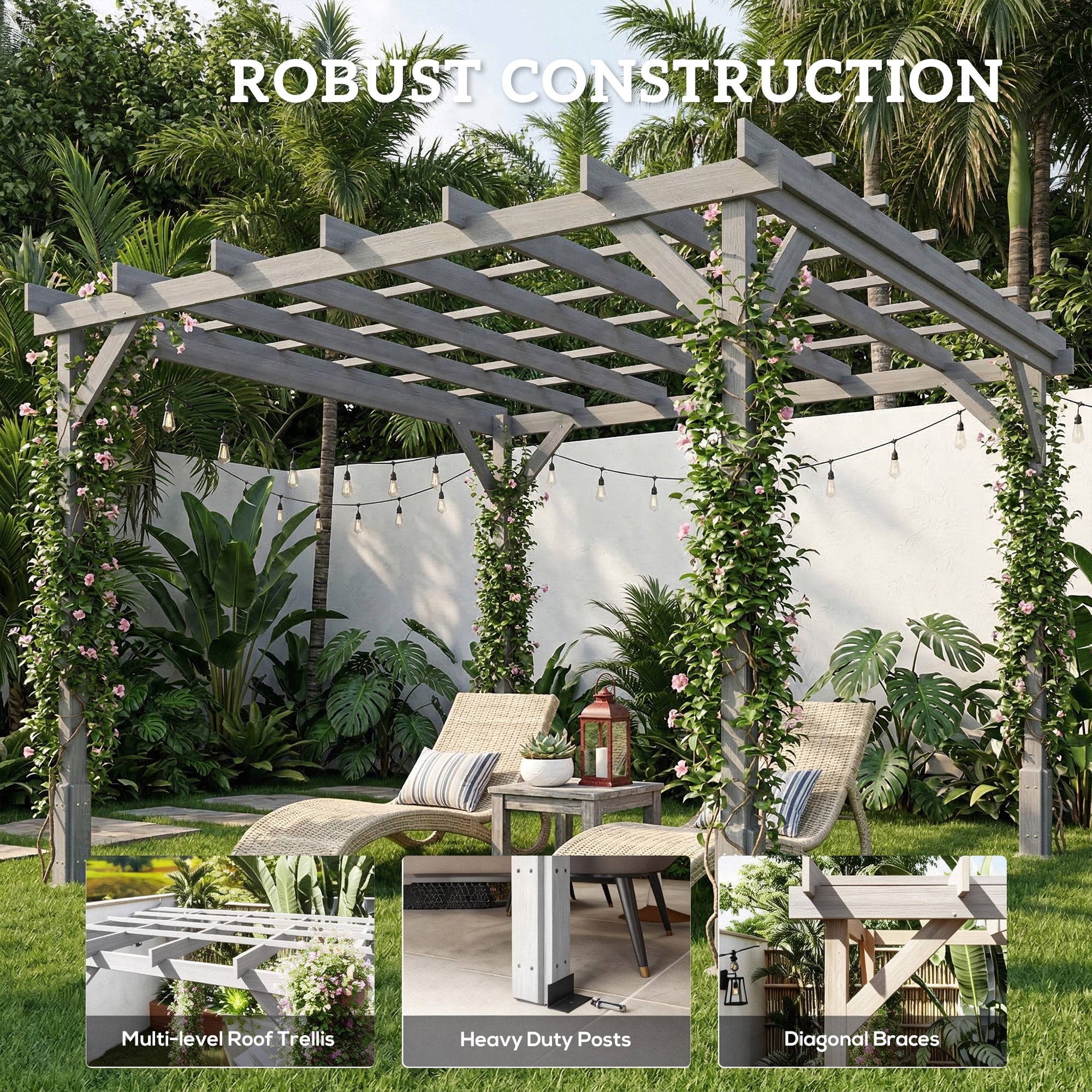 3 x 3 m Wooden Pergola Kit, Decorative Garden Gazebo Shelter with Stable Structure for Climbing Vines, Grey