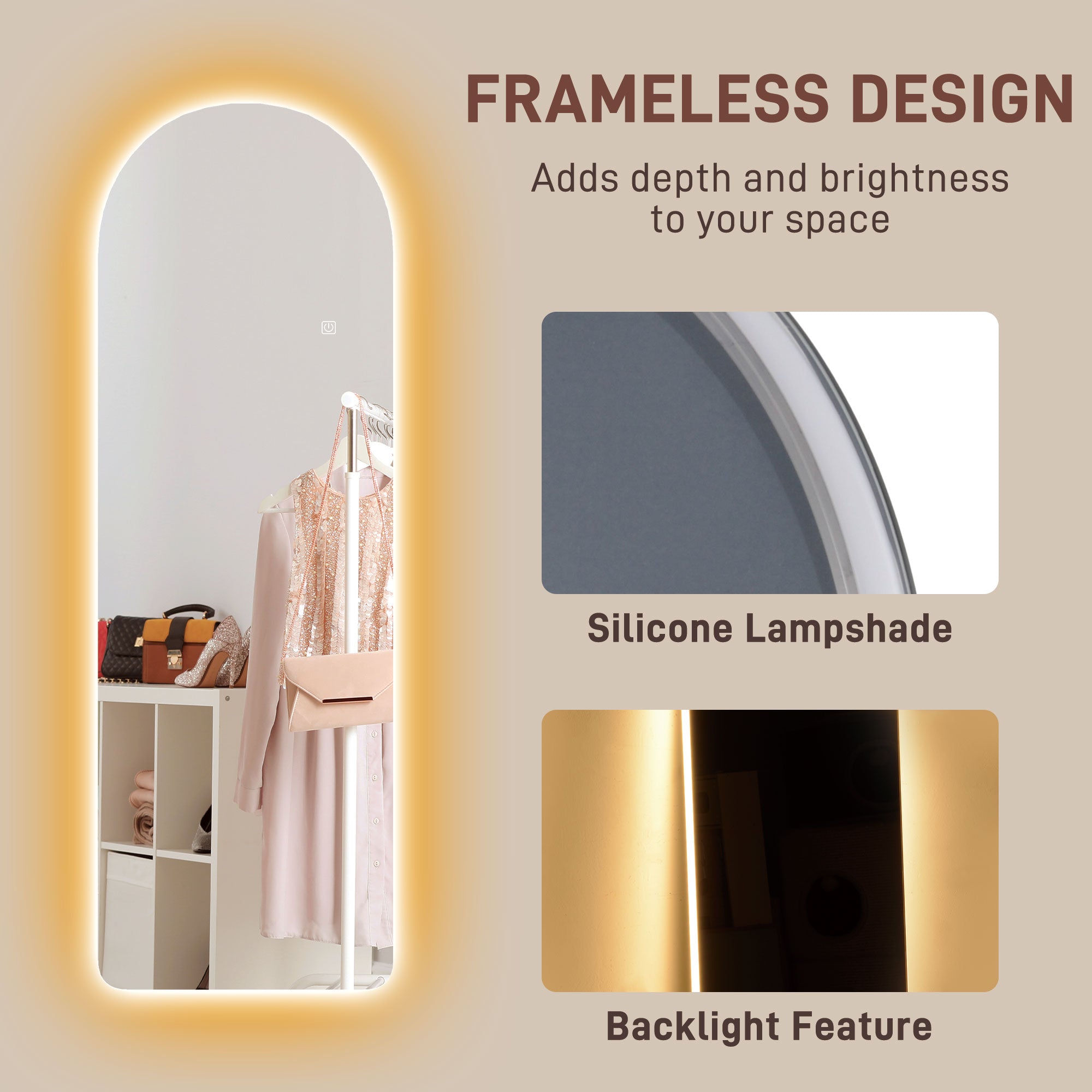 Arched Full Length Mirror with LED Lights, 120 x 40cm Backlit Frameless Wall Mirror with Dimming and 3 Colour Lighting for Living Room, Bedroom, Clear