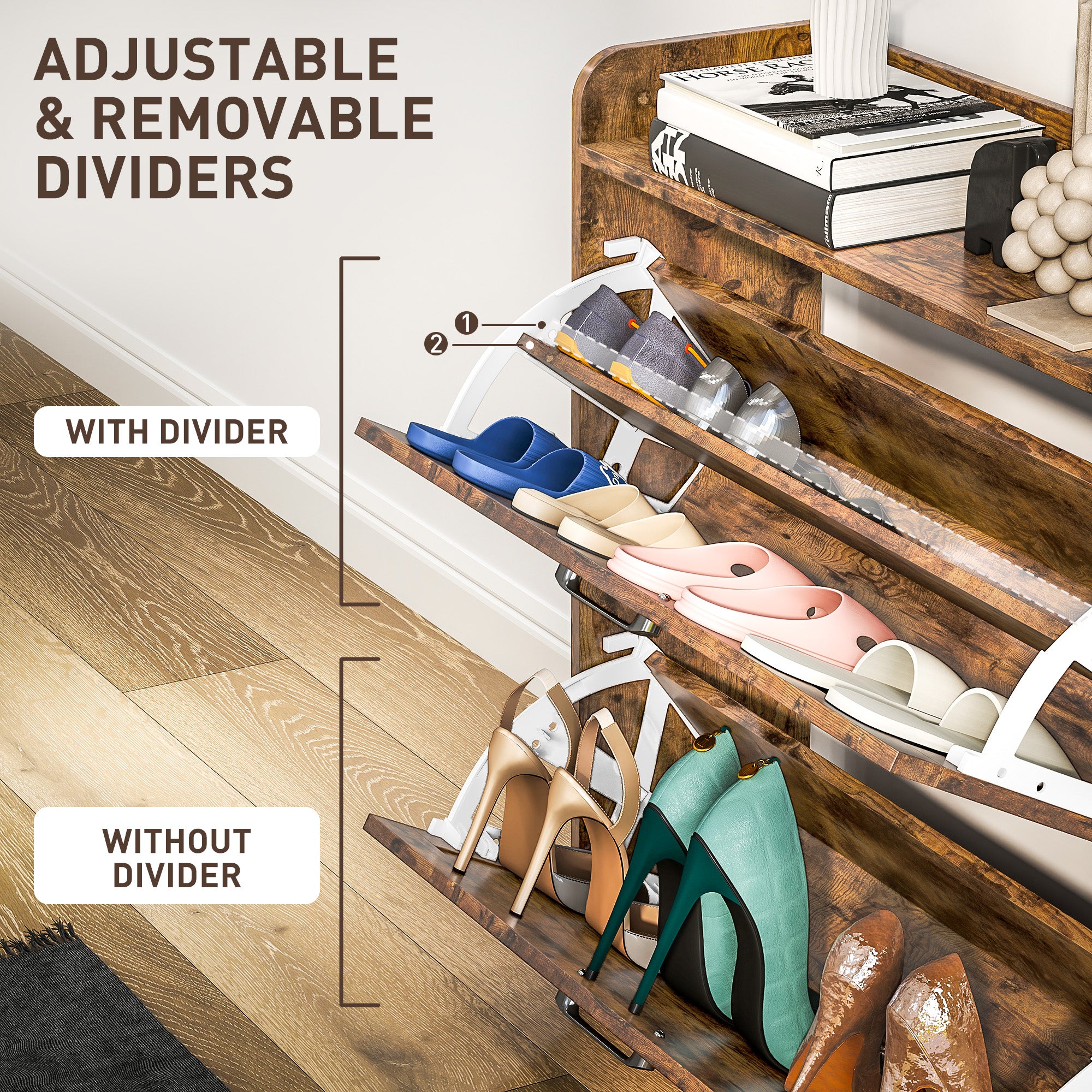 Two Flip Drawer Narrow Shoe Cabinet with Adjustable Shelves - Rustic Brown