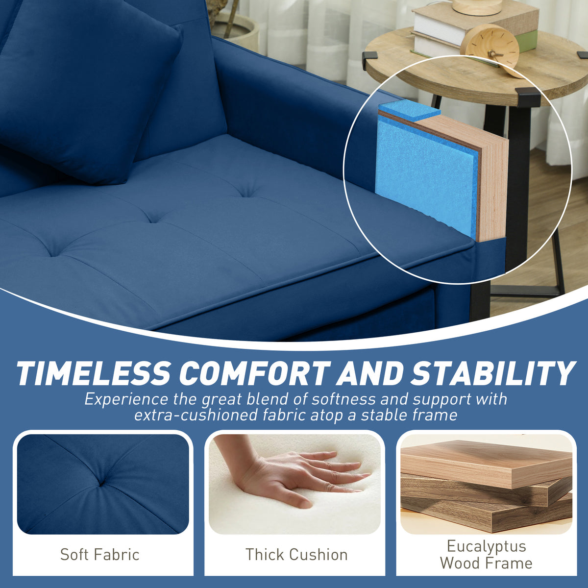 Three-Person Velvet-Feel Sofa Bed with Cushions and Adjustable Backrest - Blue