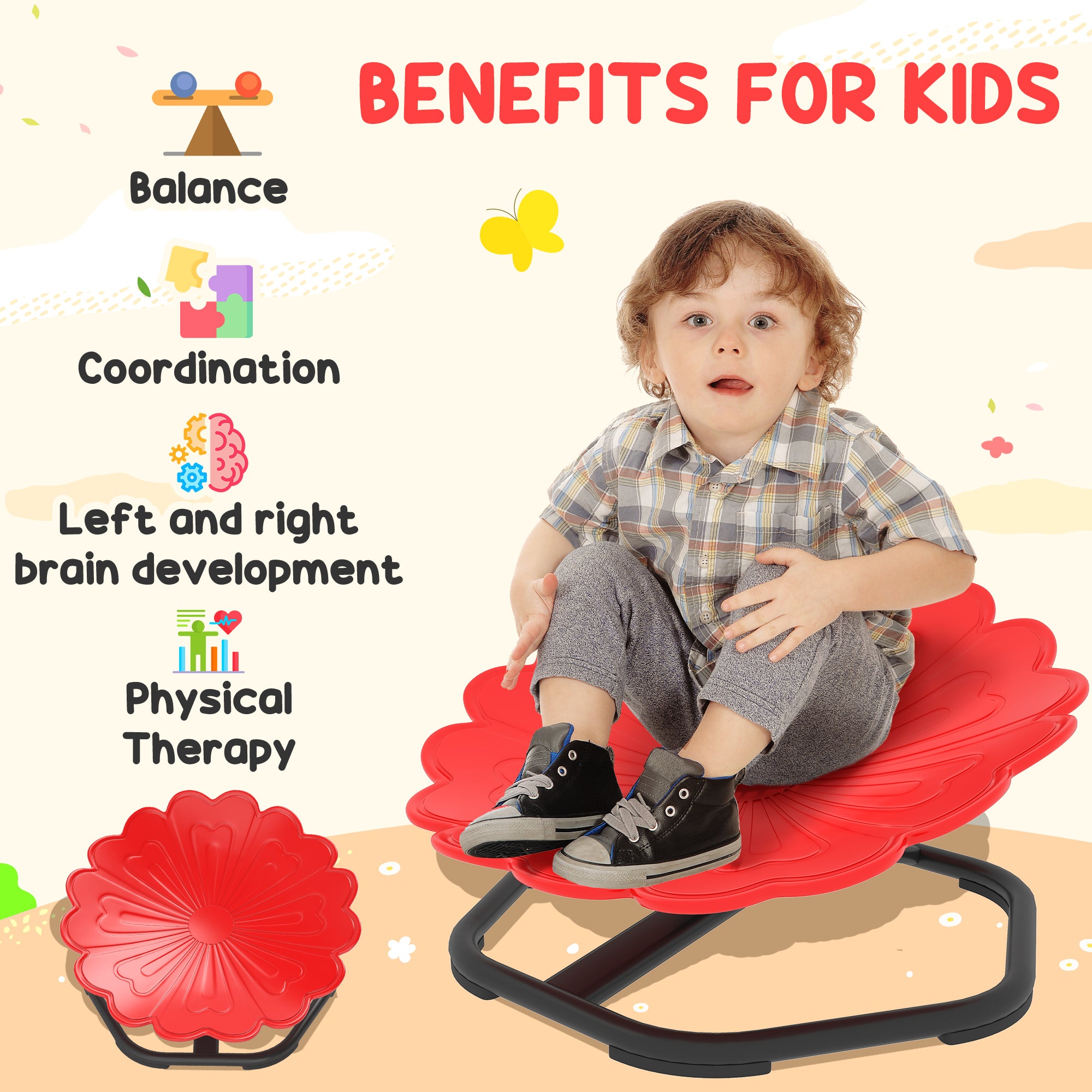 Flower-Shaped Sensory Spinning Chair with Non-Slip Base for Balance/Coordination, Red