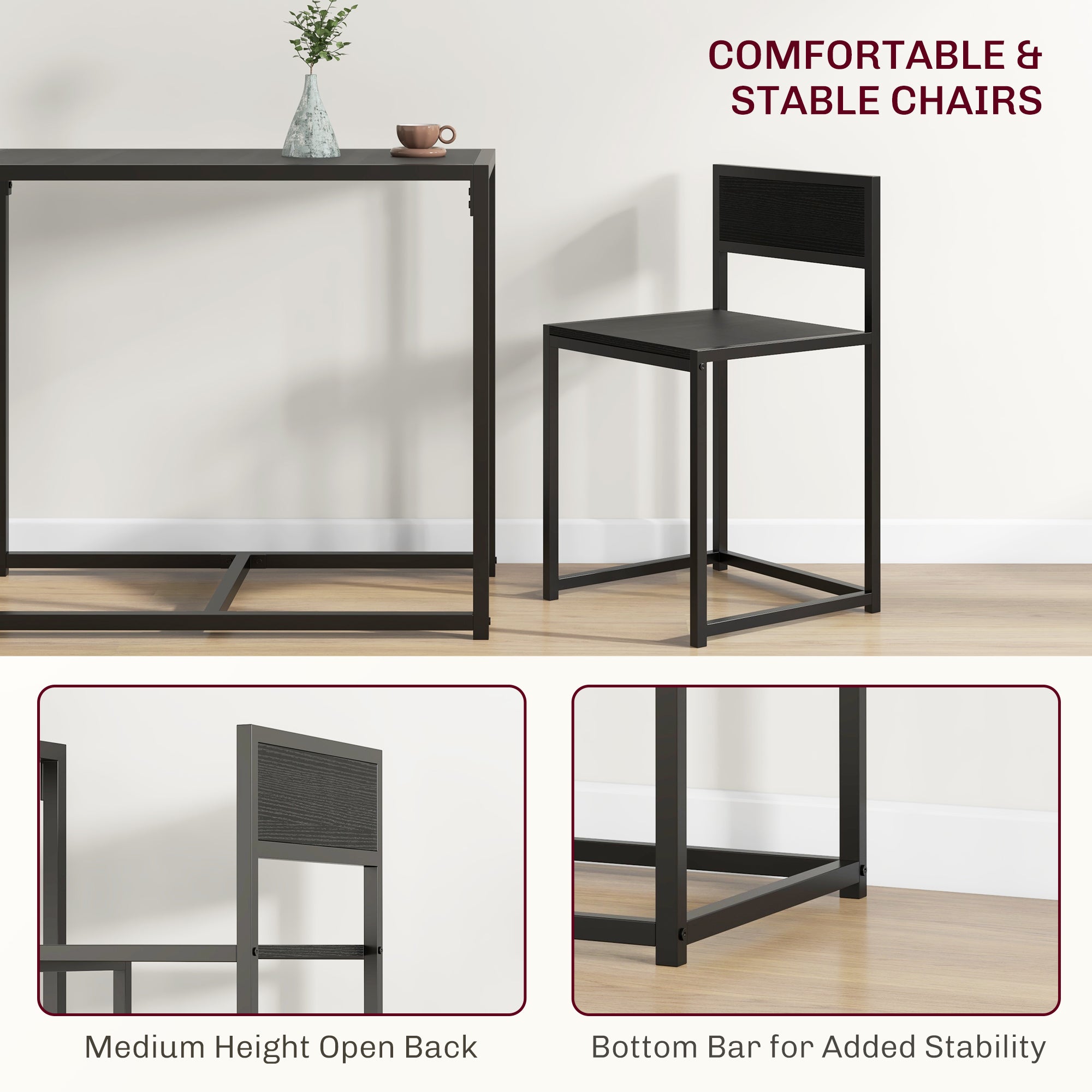 HOMCOM Dining Table and Chairs Set 2, Dining Room Sets, Rectangular Space Saving Table and 2 Chairs for Compact Kitchens, Steel Frame, Black