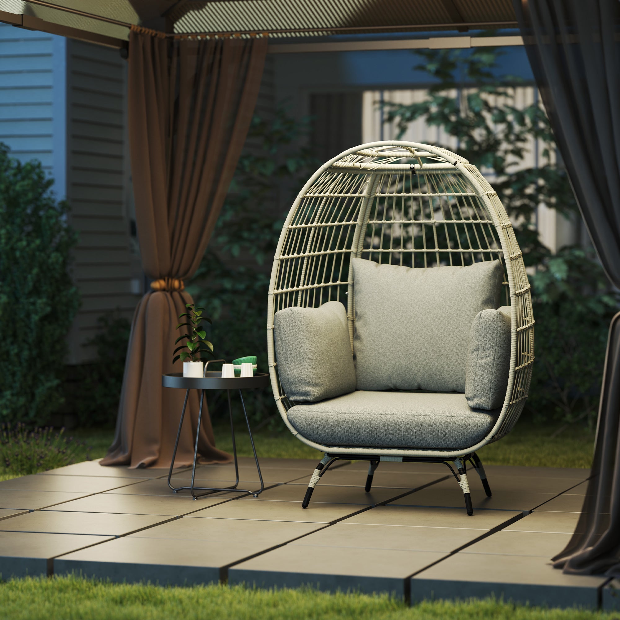 Rattan Egg Chair with Cushions and Pillows - Charcoal Grey