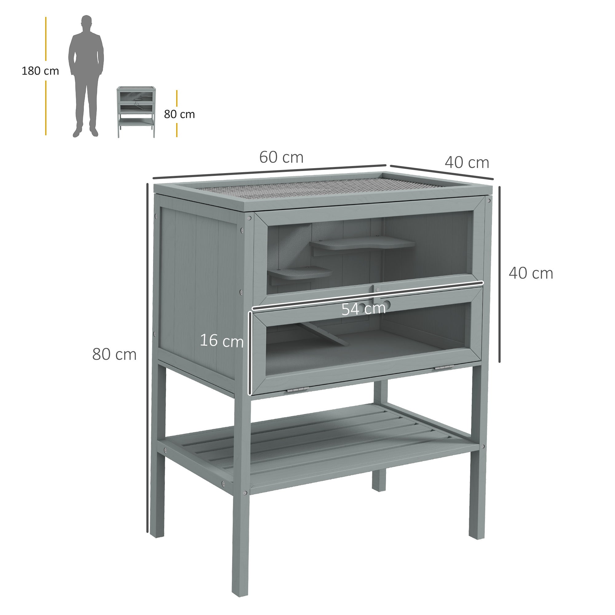 Wooden Hamster Cage 3 Tier House w/ Storage Shelf, Openable Top for Gerbils, Grey