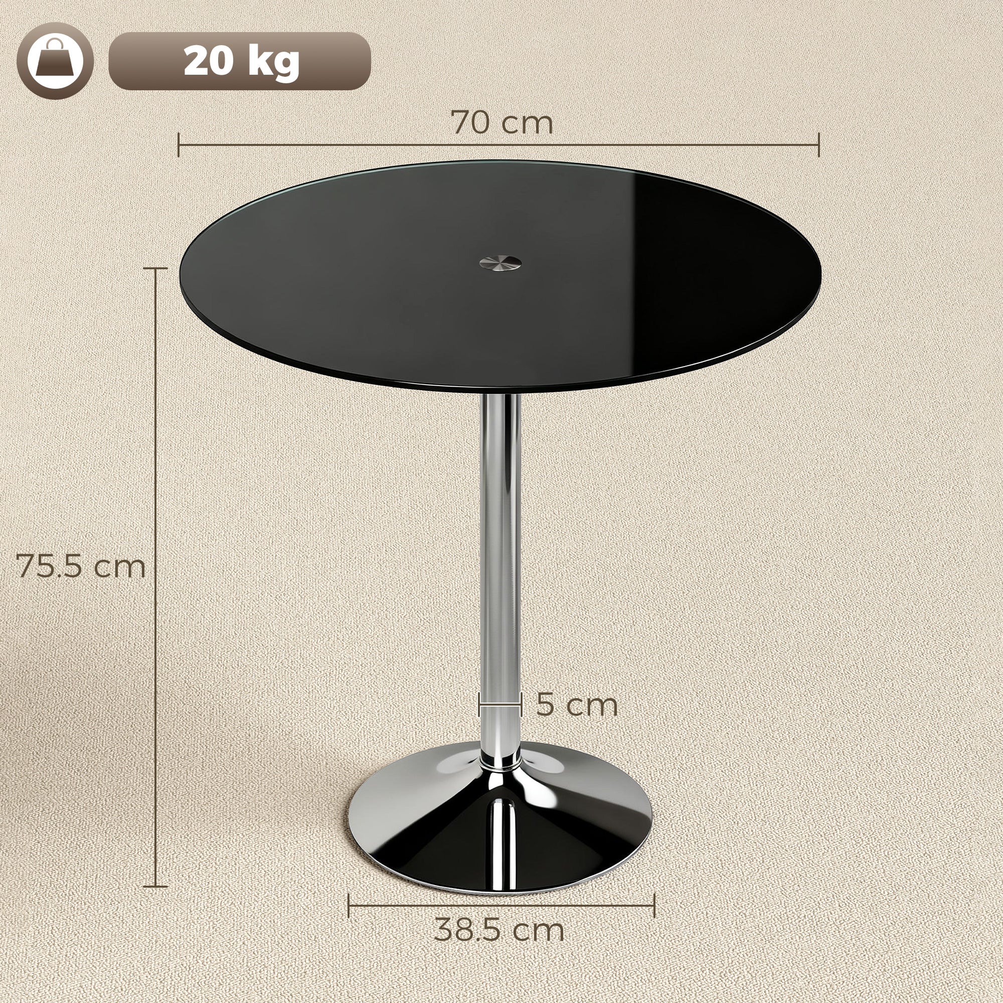 Round Bar Table, Modern Dining Table with Tempered Glass Top and Steel Frame for 4, 70 x 70 x 75.5cm, Black