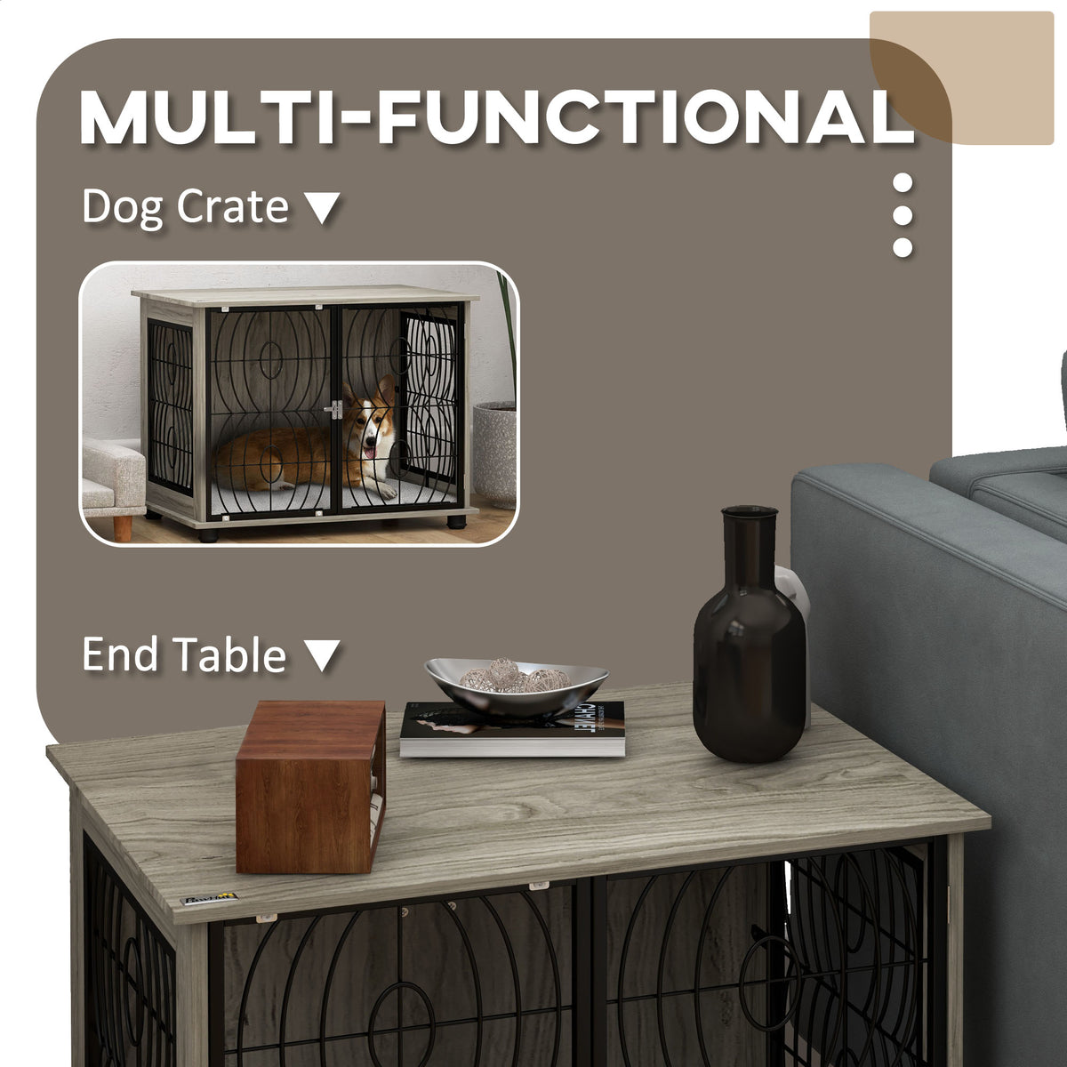 Indoor Medium Dog Crate End Table with Lockable Door and Washable Cushion - Grey Wood Effect