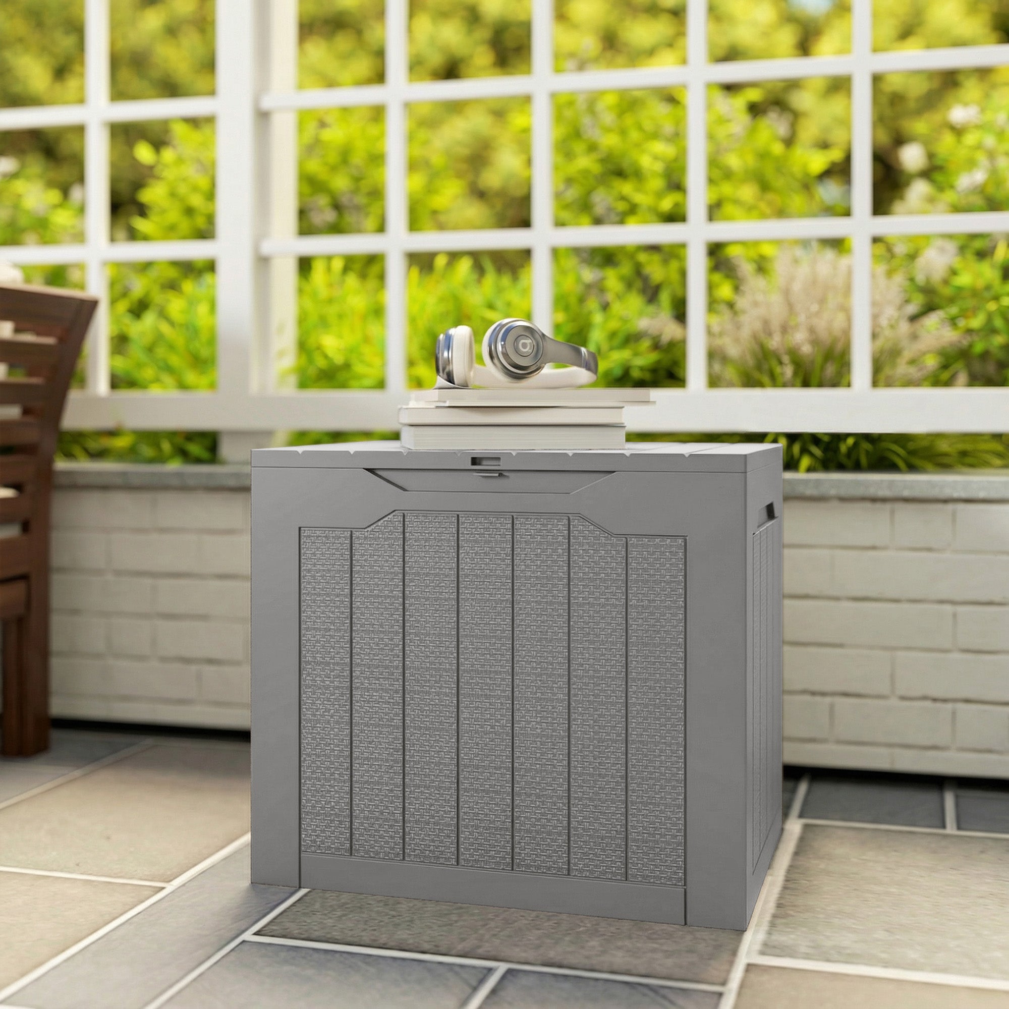 93L Plastic Garden Storage Box, Outdoor Storage Box with Handles, Waterproof Outdoor Storage Container, Khaki