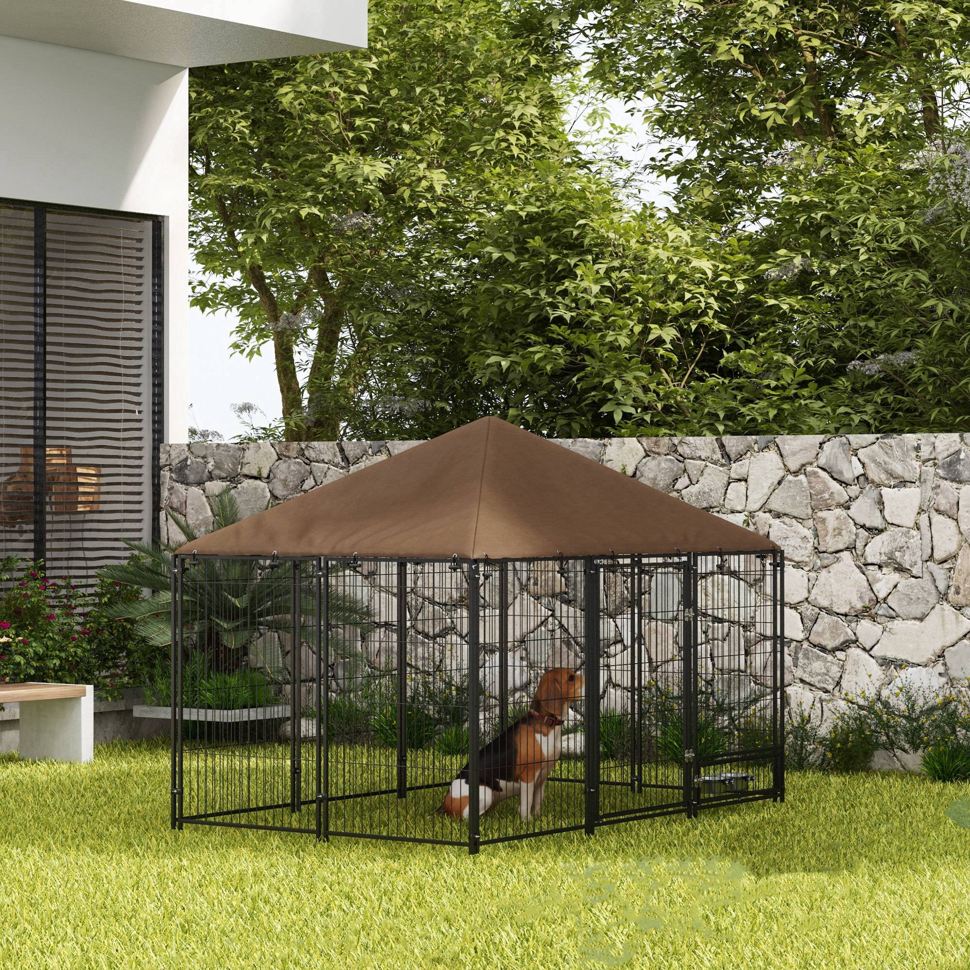 Outdoor Dog Kennel Puppy Play Pen with Canopy Garden Playpen Fence Crate Enclosure Cage Rotating Bowl 211 x 141 x 151 cm