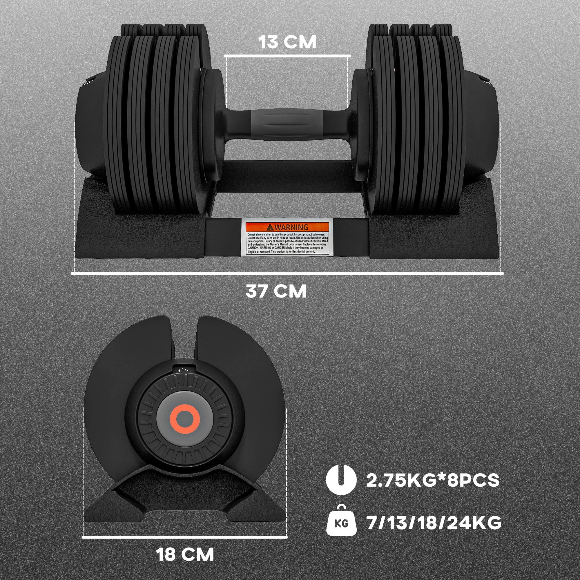 2 x 24KG Adjustable Dumbbells Set, 4-in-1 Weights Set with Storage Tray and Non-Slip Handle, Home Gym Fitness Equipment, Black