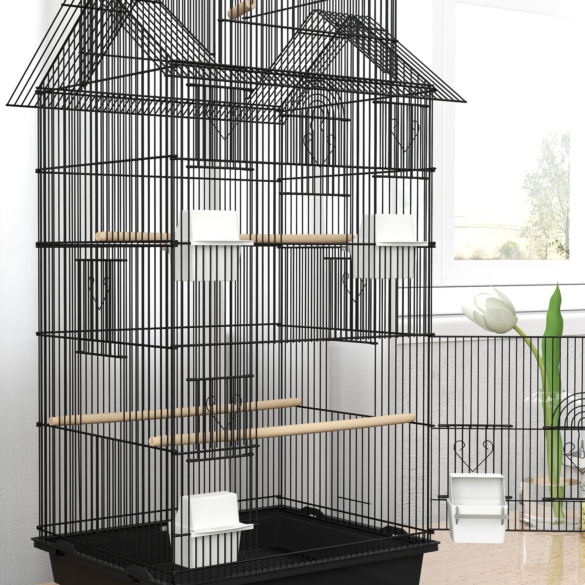 Metal Bird Cage with Swing, Perches, Food Containers & Tray for Finches, Canaries, Budgies - Black