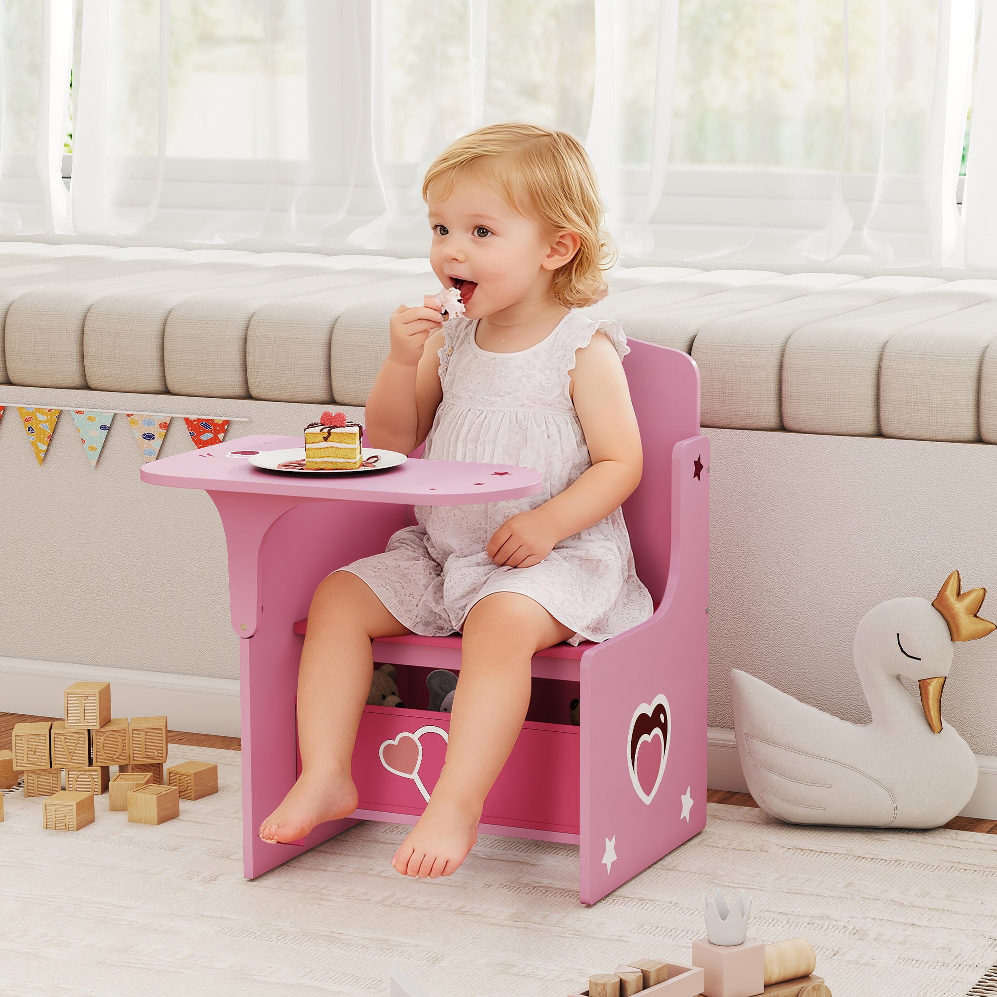 Kids Table and Chair Set, Children Desk and Chair with Storage Bins for Playing, Reading, Painting, for Ages 3-5, Pink