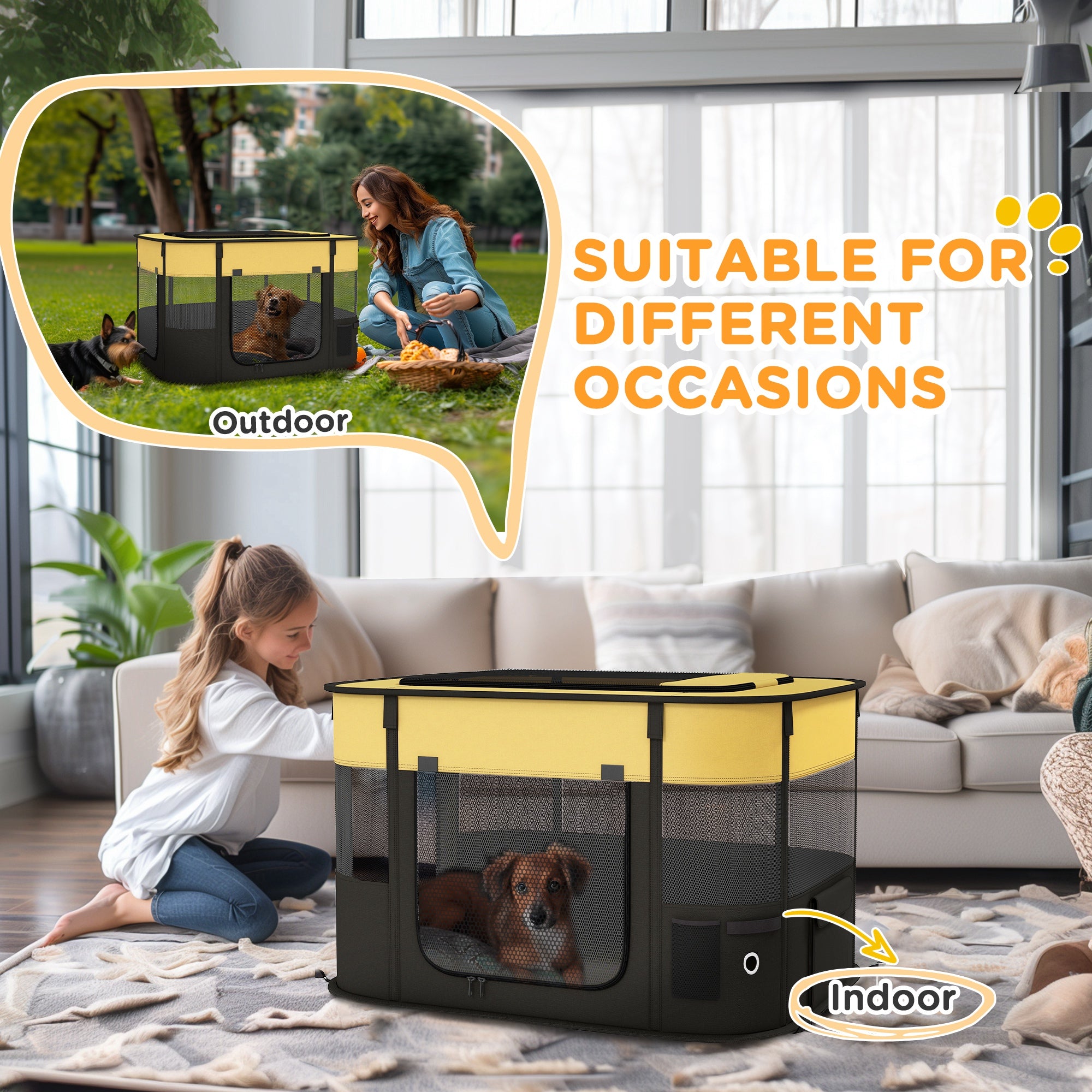 Foldable Dog Pen with Storage Bag for Indoor/Outdoor Use, Portable Pet playpen, with Ground Stakes - Yellow