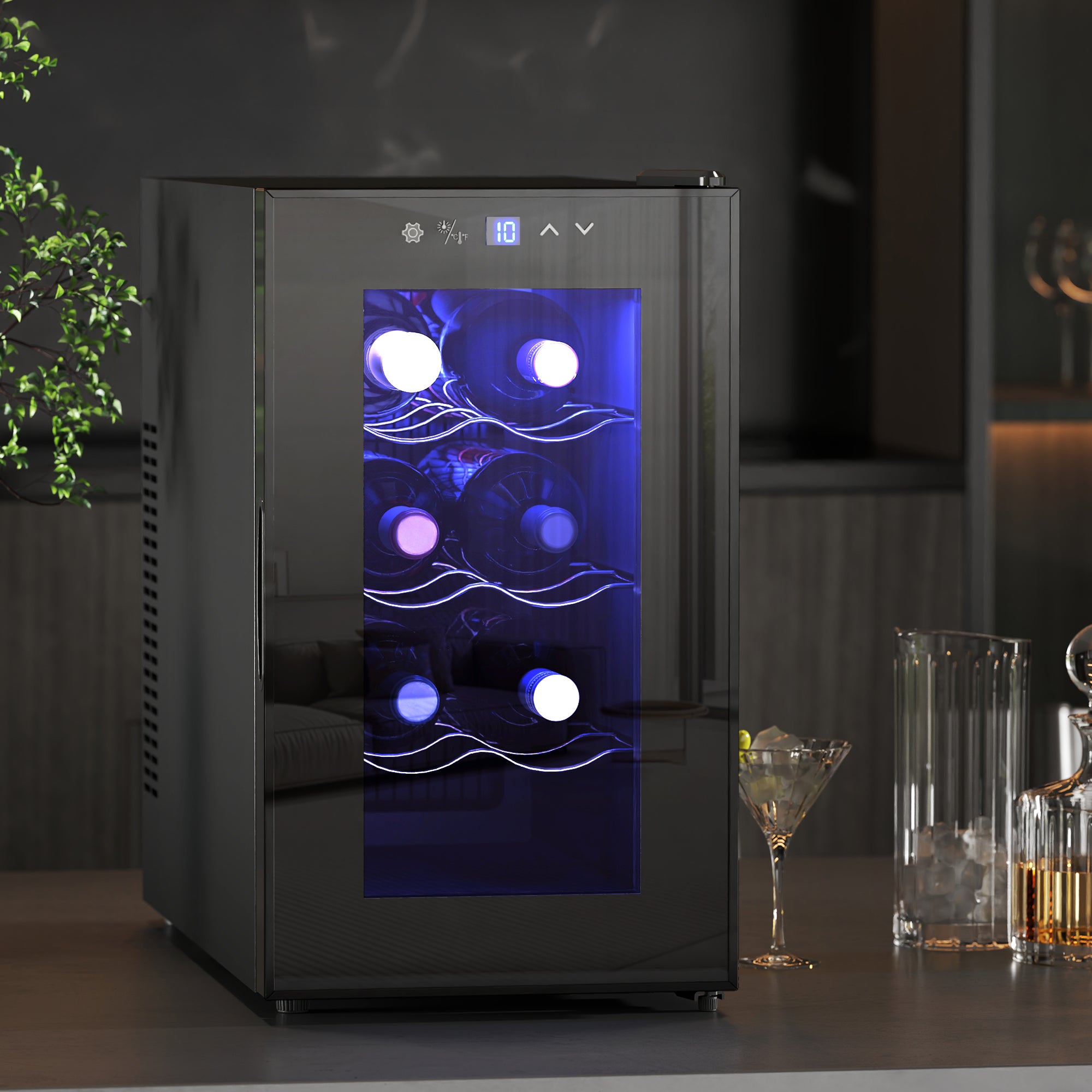 Mini Wine Fridge, 8 Bottle, 21L, 26.5cm, Freestanding and Under Counter, Quiet Wine Cooler Fridge with Glass Door, LED Light, Digital Touch Screen, Temperature Control