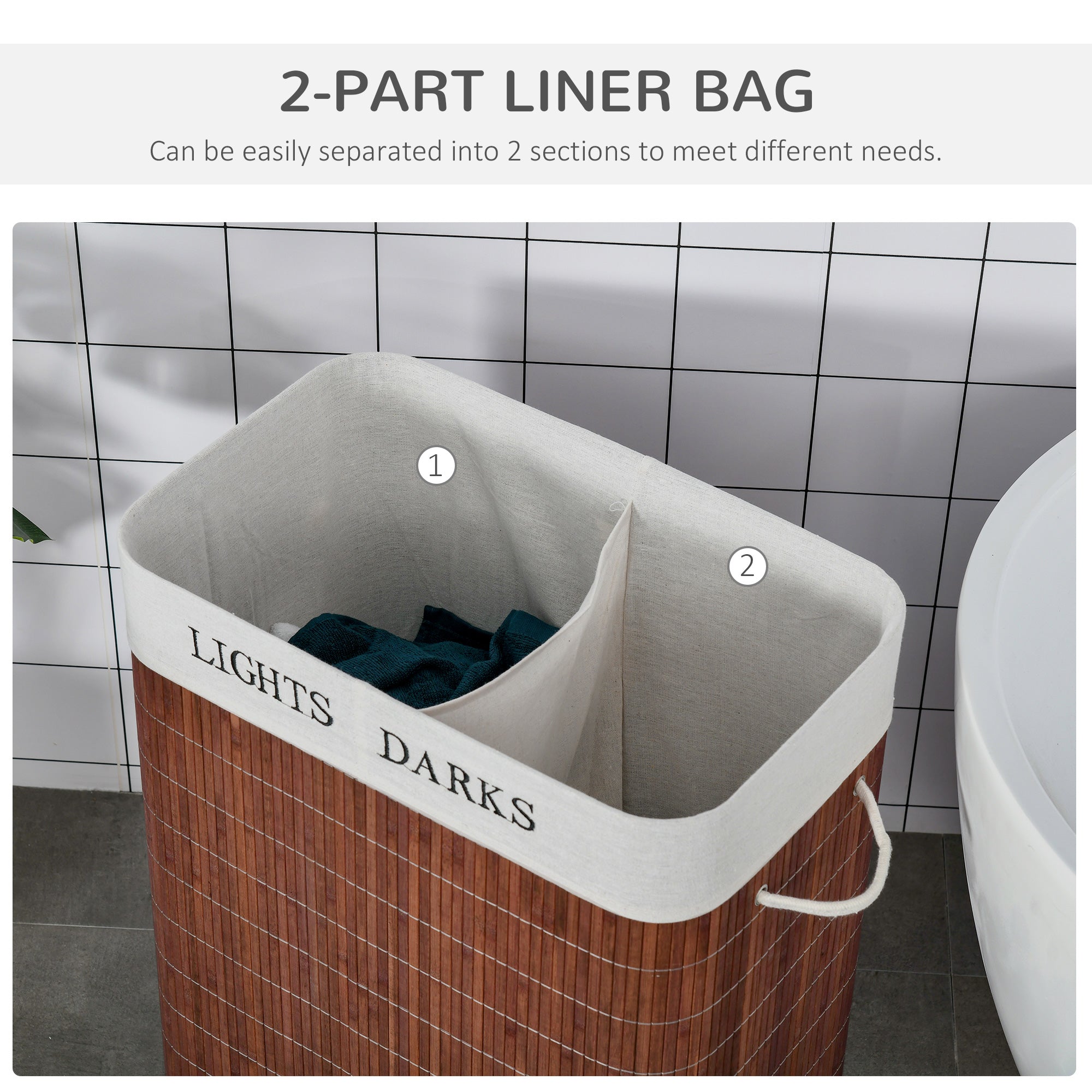 100L Laundry Basket with Lid String Handles, 2 Section Collapsible Hamper Removable Lining Foldable Water-Resistant Dirty Clothes Storage, Brown