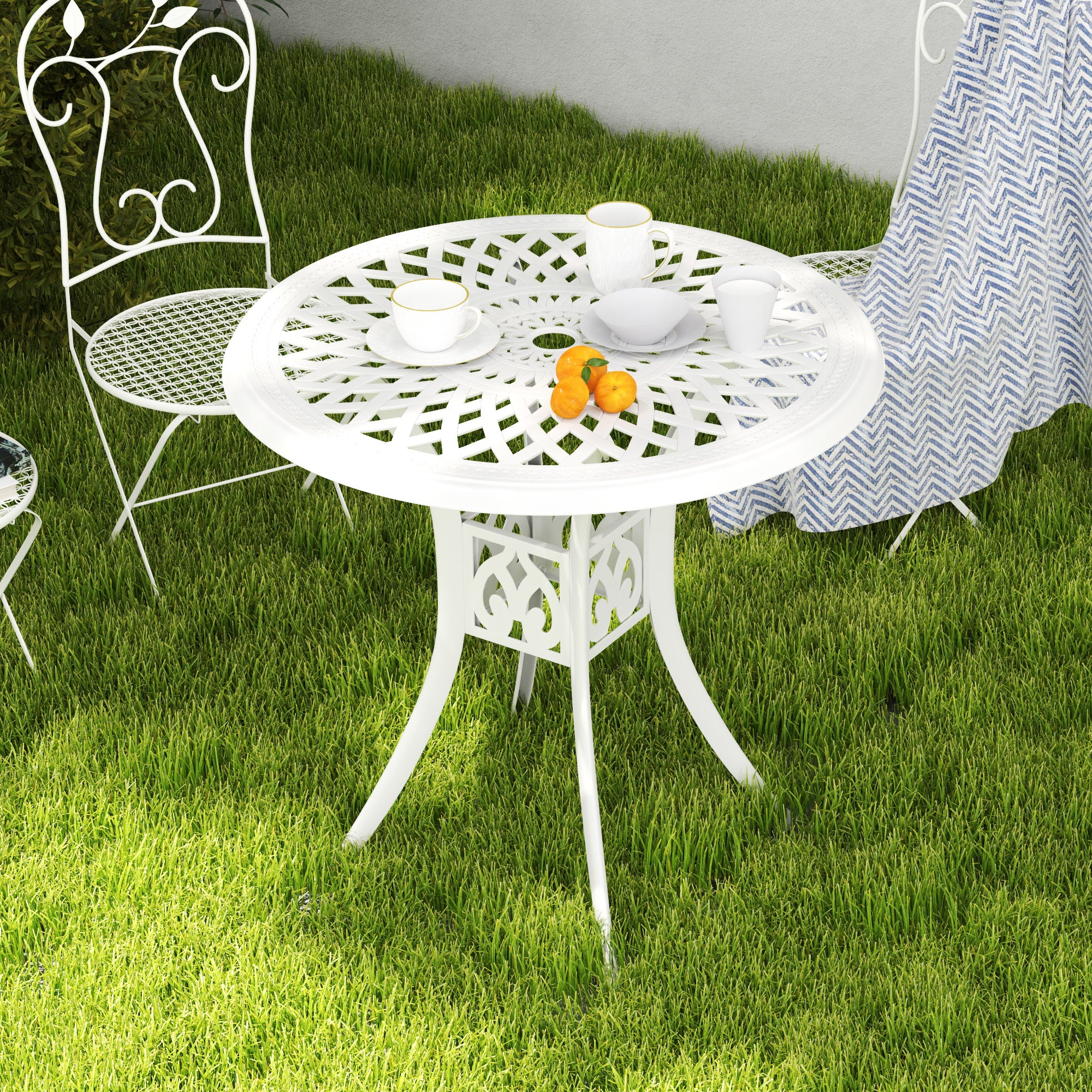 78 cm Round Garden Dining Table with Parasol Hole - White Cast Aluminium