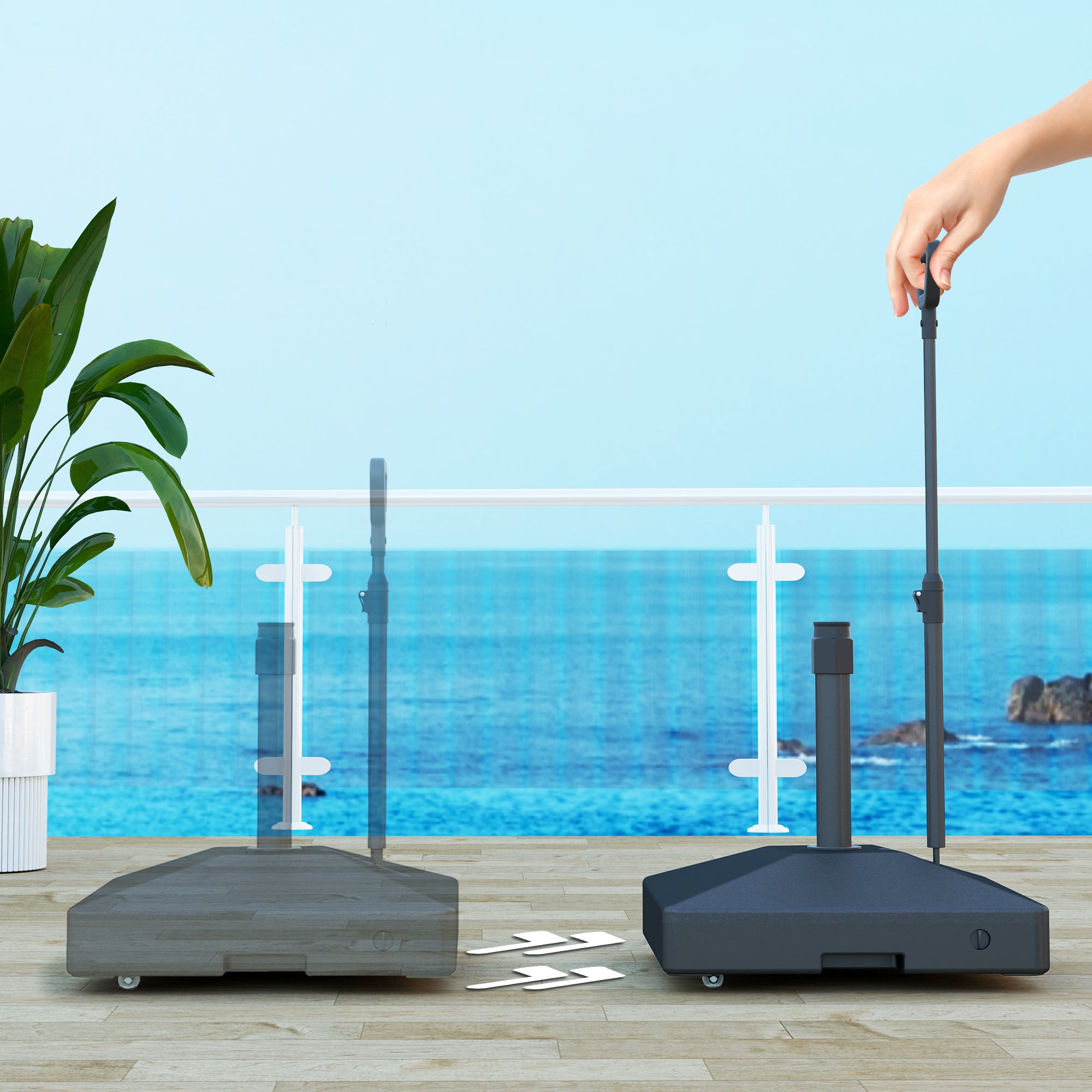 Garden Parasol Base with Adjustable Wheels and Handle, Garden Sun Umbrella Base Parasol Stand, Filled Up to 55kg with Stand, 45kg with Water for 35, 38, 48 mm Poles, Black