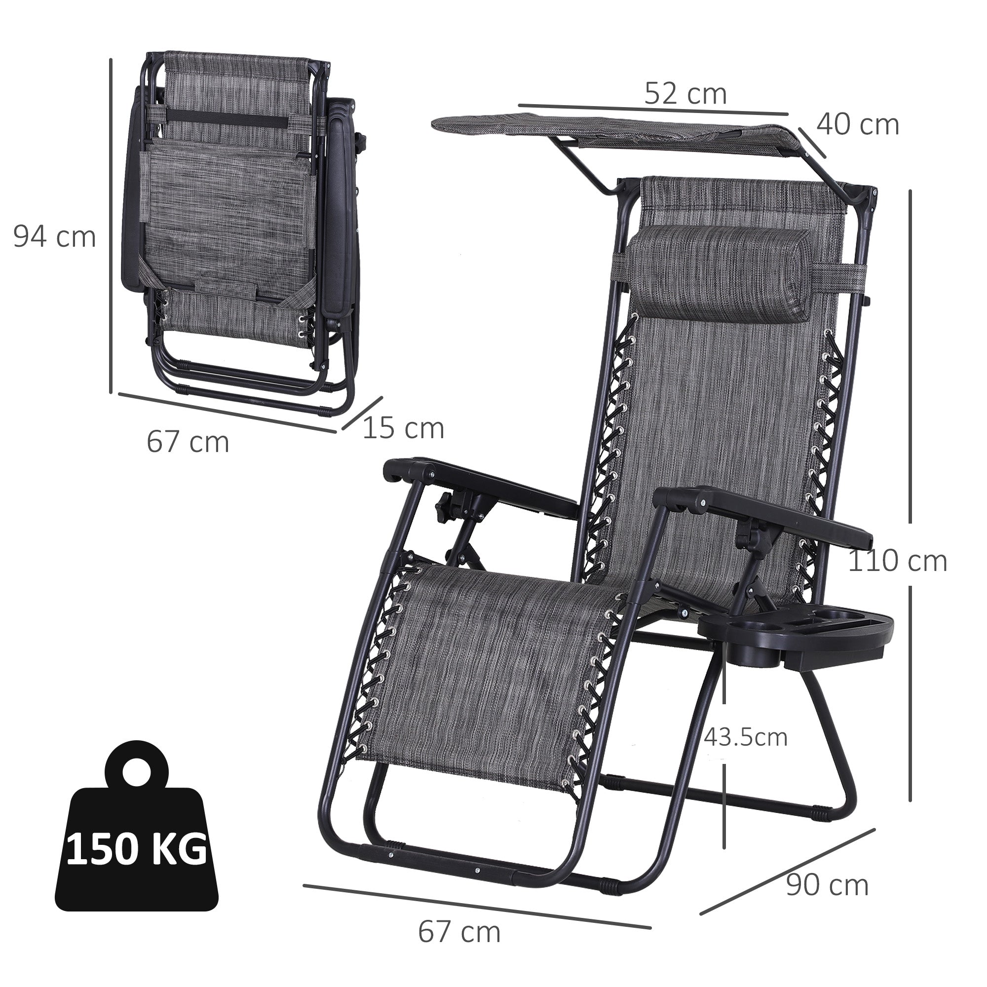 2 Piece Foldable Reclining Garden Chair with Headrest, Zero Gravity Deck Sun Lounger Seat Chair with Footrest, Armrest, Cup Holder & Canopy Shade, Grey