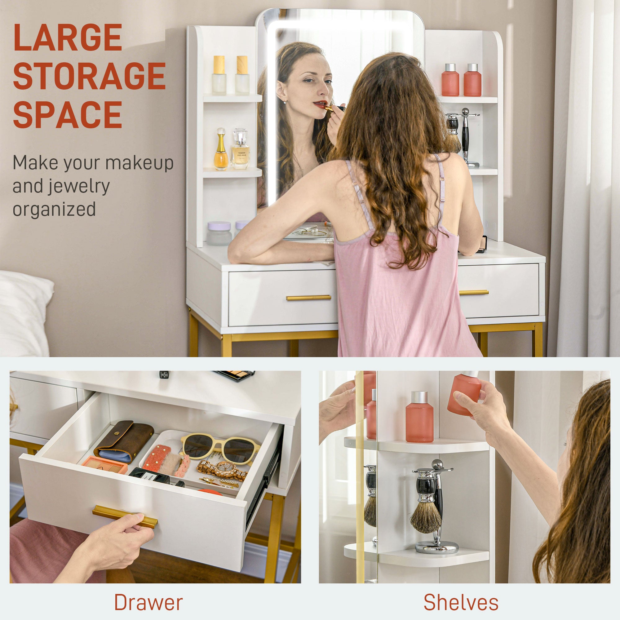 LED Light Dressing Table Set with Stool and Storage - White