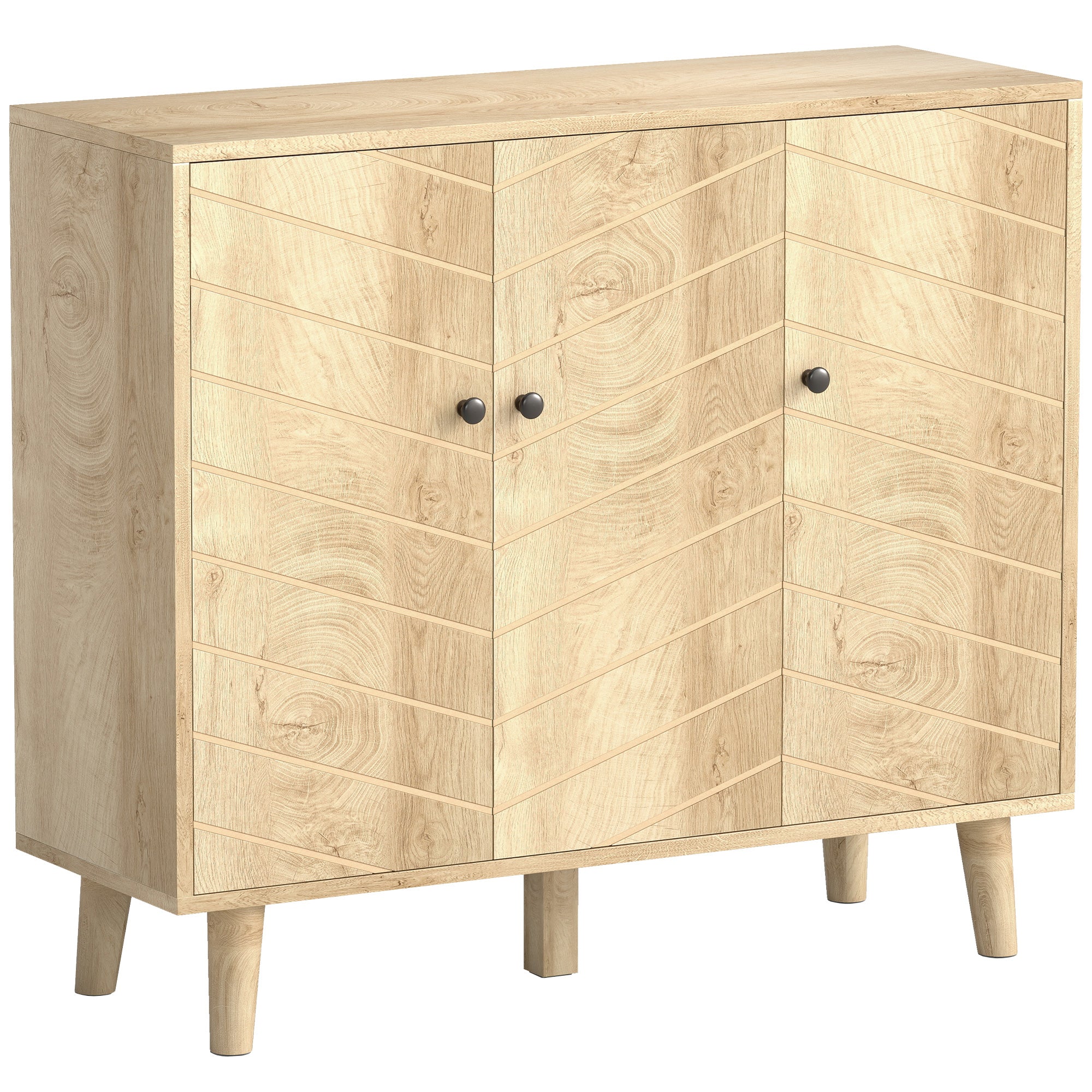 Vintage Sideboard with Chevron Doors and Pine Wood Legs for Living Room, Kitchen