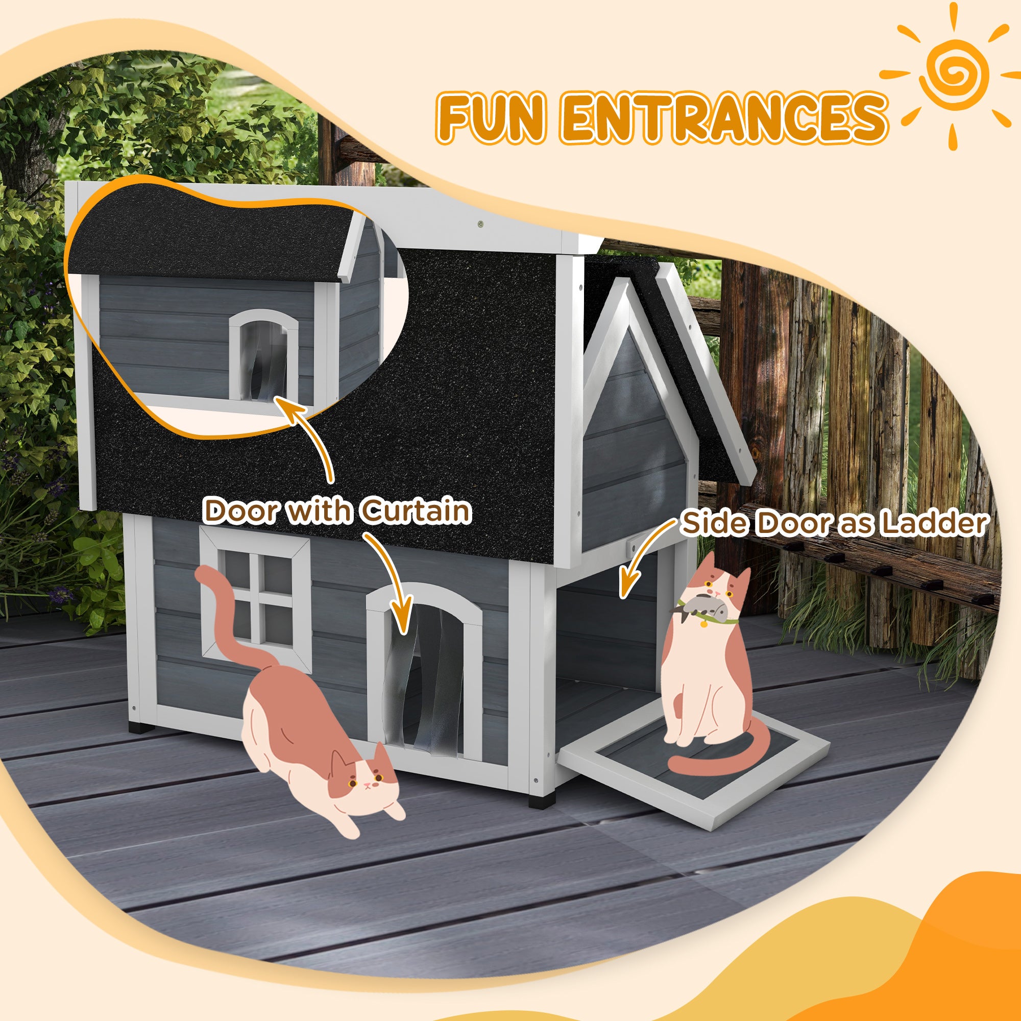 Outdoor Cat House, Wooden Feral Cat Shelter, with Openable Asphalt Roof, Three Doors - Grey