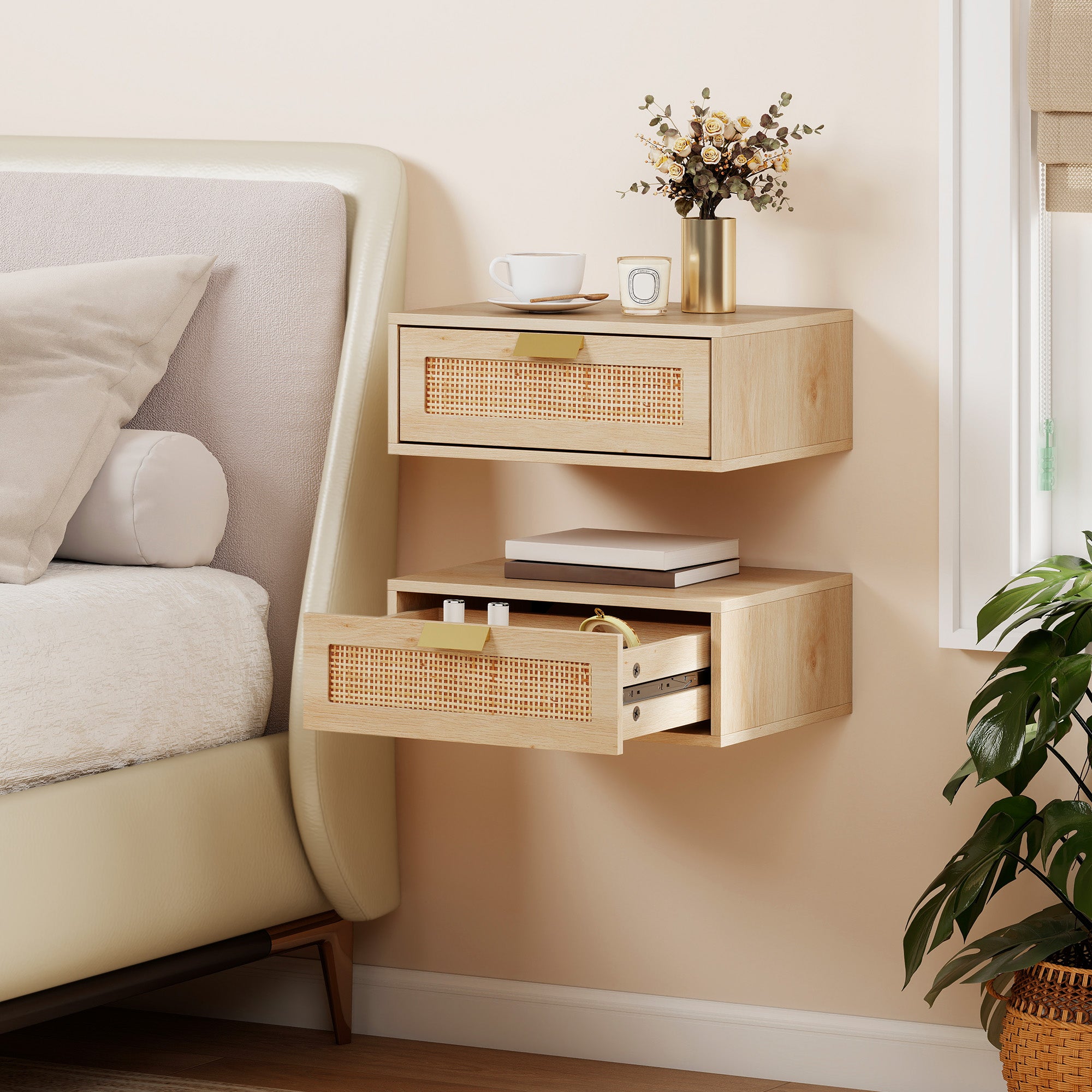 Floating Bedside Tables Set of 2, Wall Mounted Bedside Cabinets with Rattan Drawer and Wood Effect, Oak