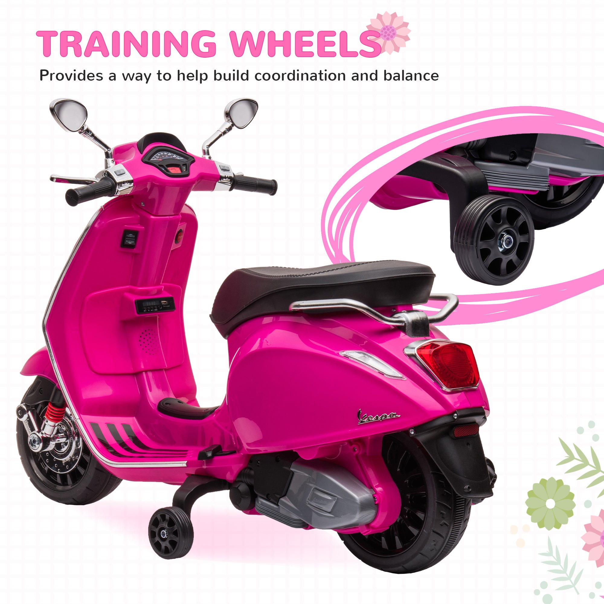 12V Vespa Licensed Kids Electric Motorbike w/ Music, Headlights, FM Radio, for 3-6 Years - Pink