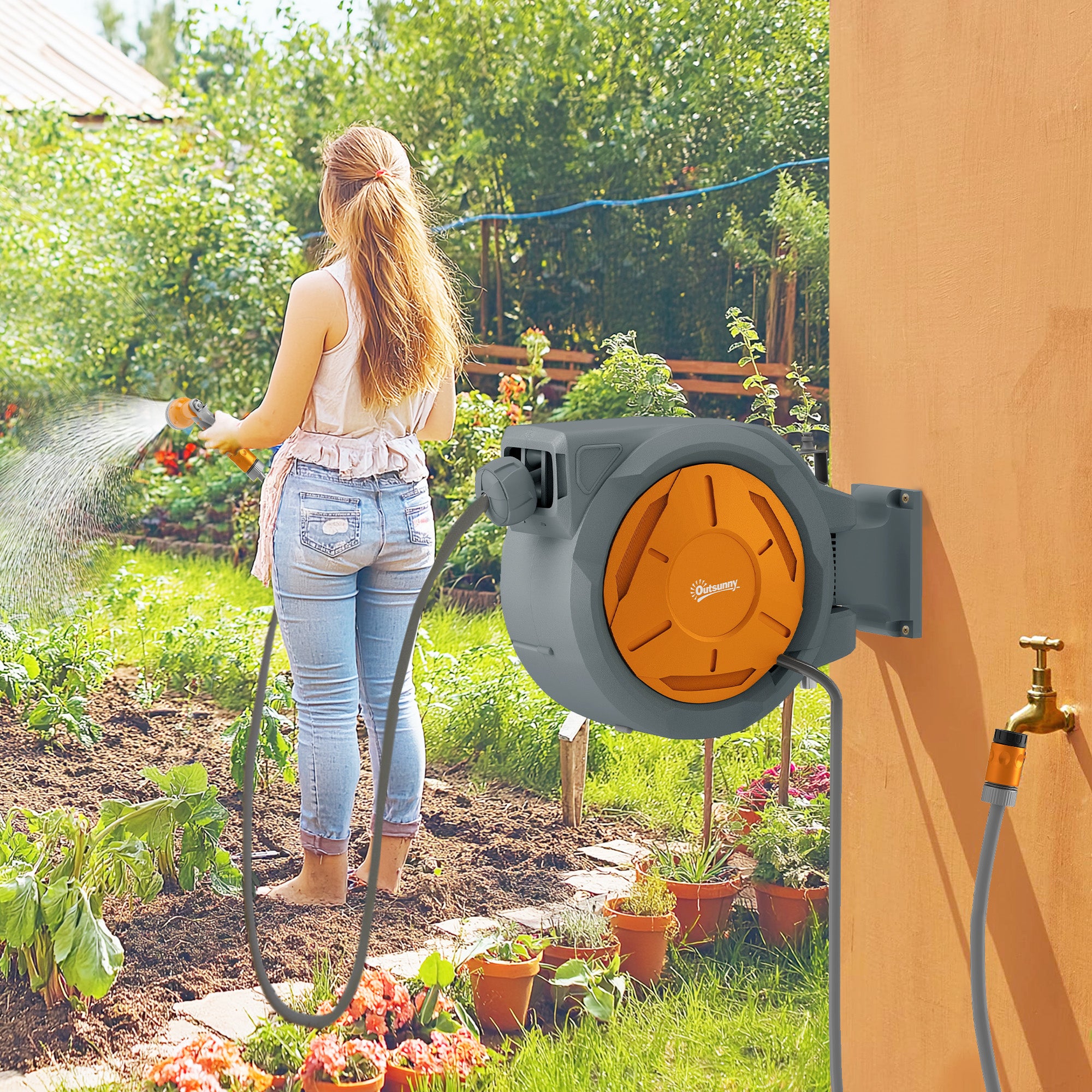 Retractable Hose Reel Wall Mounted, 30+2m Garden Hose Pipe Reel with Lock, Auto Rewind, 7 in 1 Spray Nozzle, Includes Wall Fixings, 180° Swivel, Outdoor Watering, 59 x 23 x 42 cm, Orange