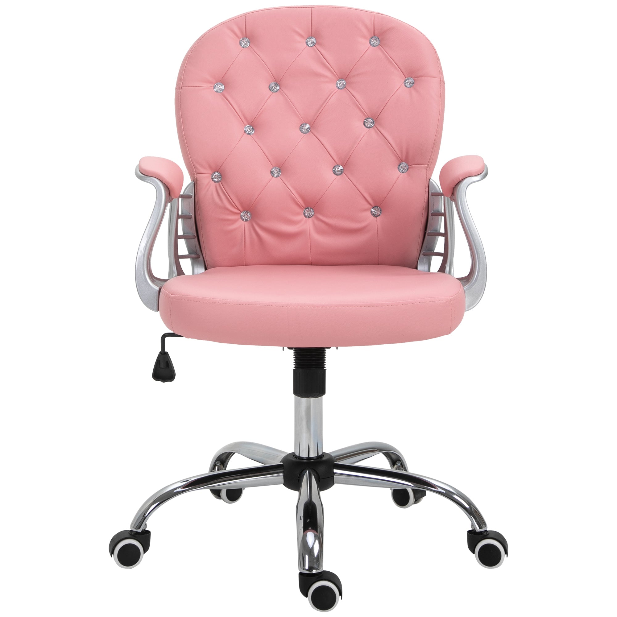 Office Chair Ergonomic 360° Swivel PU Diamante Padded Base 5 Castor Wheels for Home Work Pink