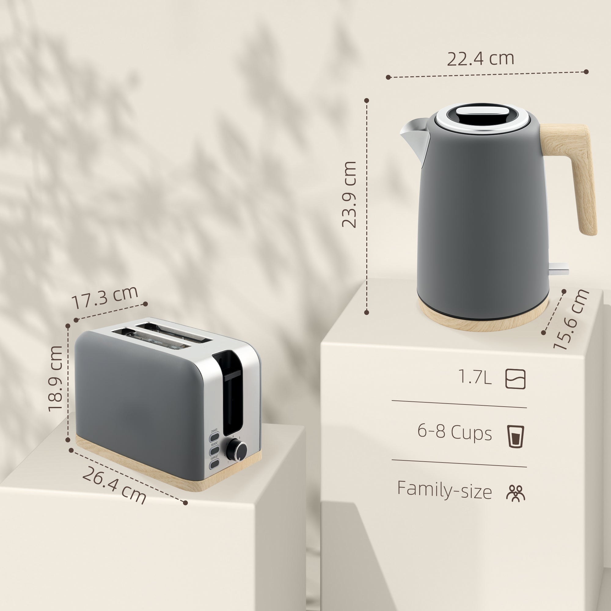 Kettle and Toaster Set, 1.7L 3000W Fast Boil Kettle & 2 Slice Toaster Kitchen Set with 7 Level Browning Controls, Defrost, Reheat, Auto Off, Boil-dry Protection, Grey
