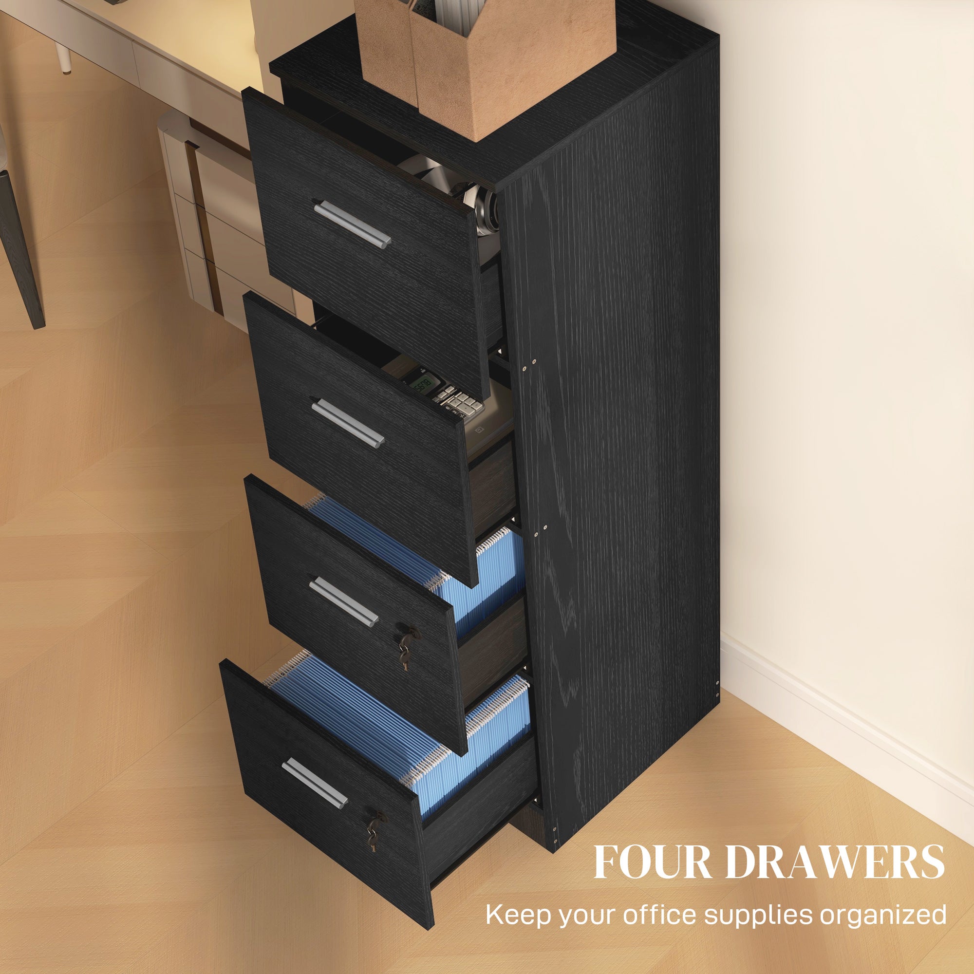 Four-Drawer Lockable Filing Cabinet - Black Wood Effect