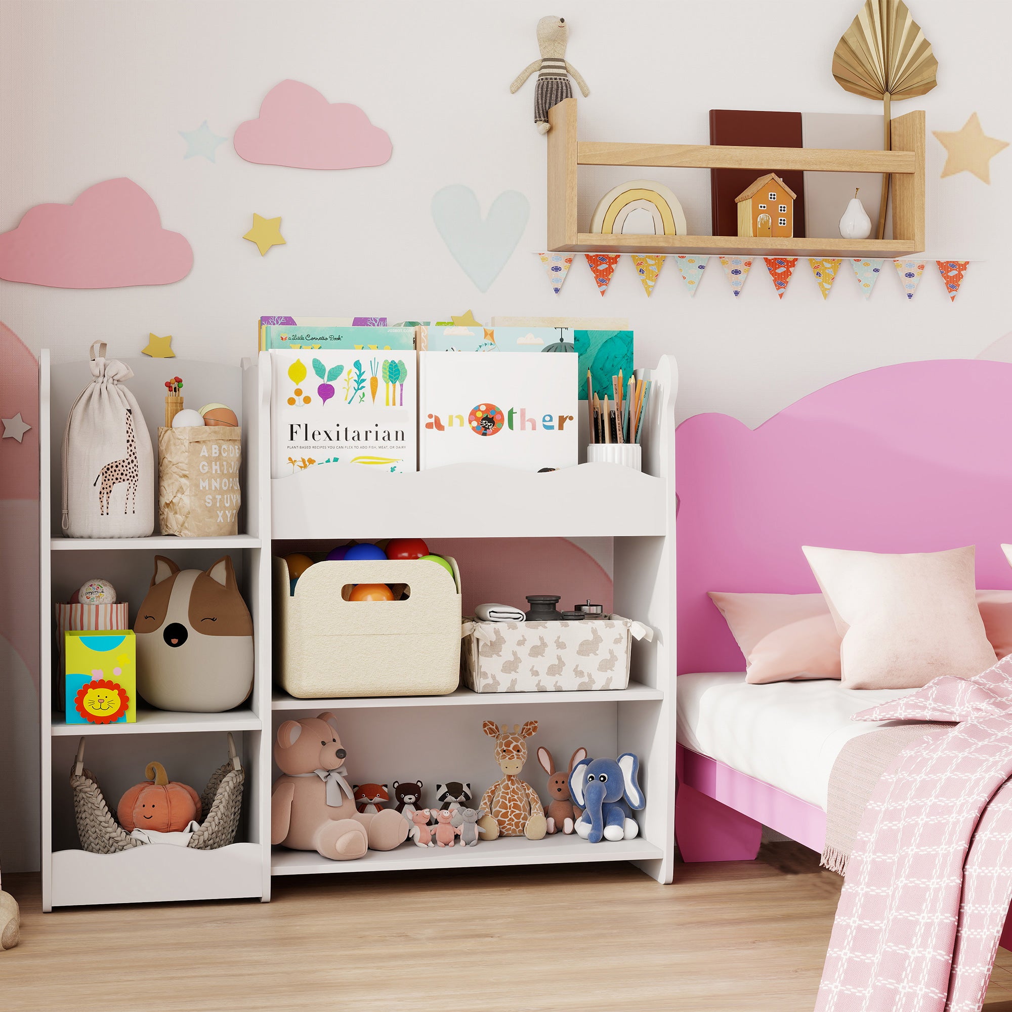 Kids Toy Storage Unit, Bear Design Kids Bookshelf and Toy Organiser, for Bedroom, Nursery, Playroom, White