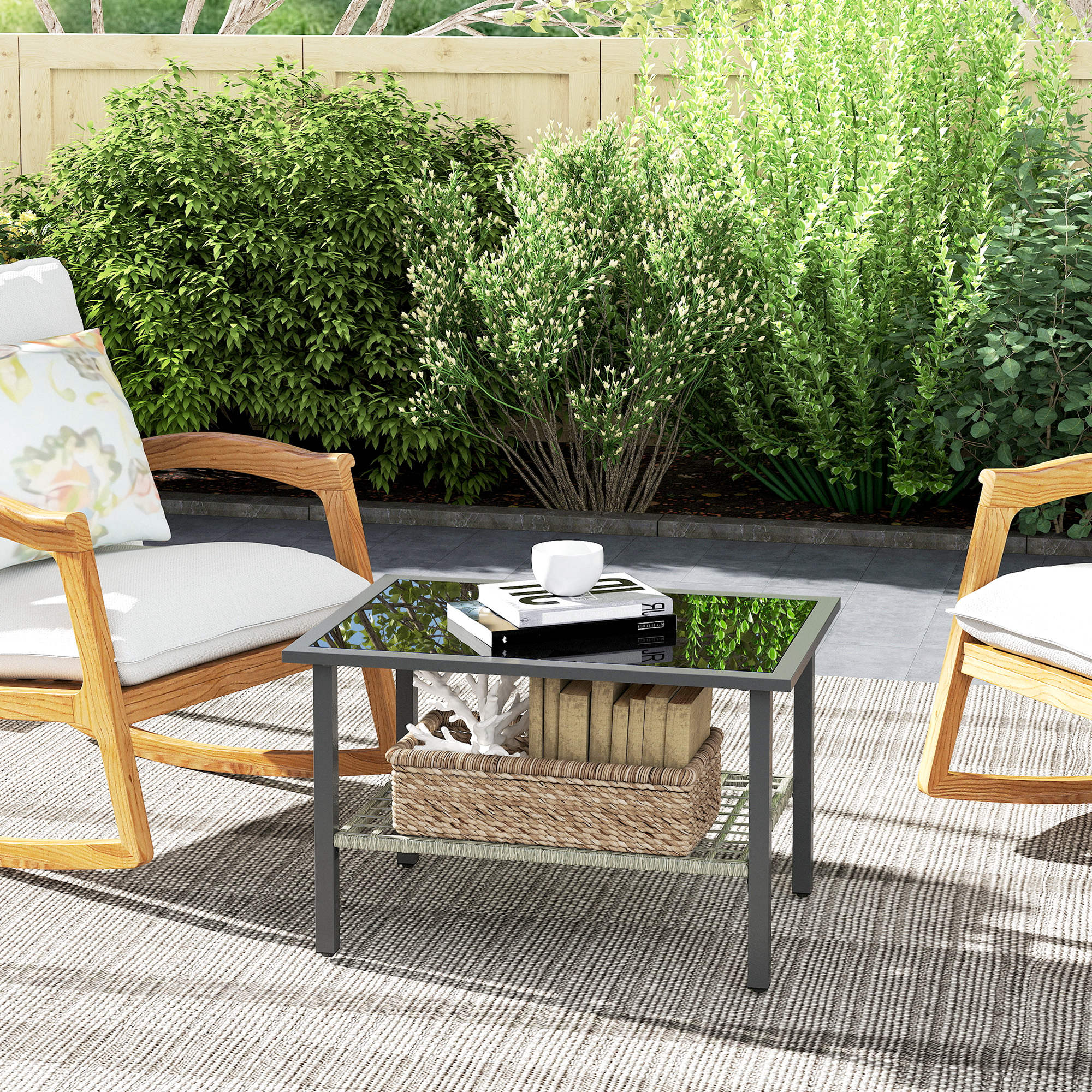 Outdoor Rattan Coffee Table with Tempered Glass Top and Storage Shelf - Mixed Grey