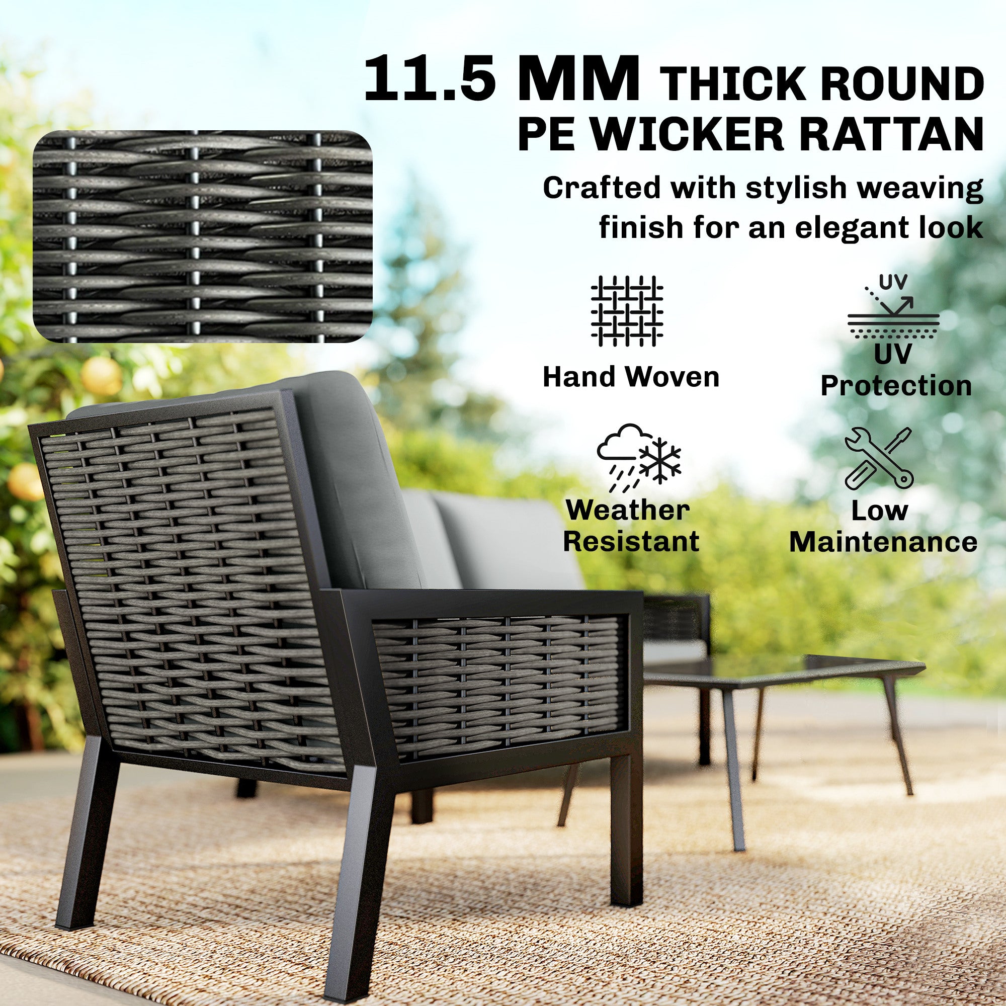 4 Seater Rattan Garden Furniture Set with 2 Armchairs, Loveseat, Coffee Table, Garden Sofa Set with Cushions, Dark Grey