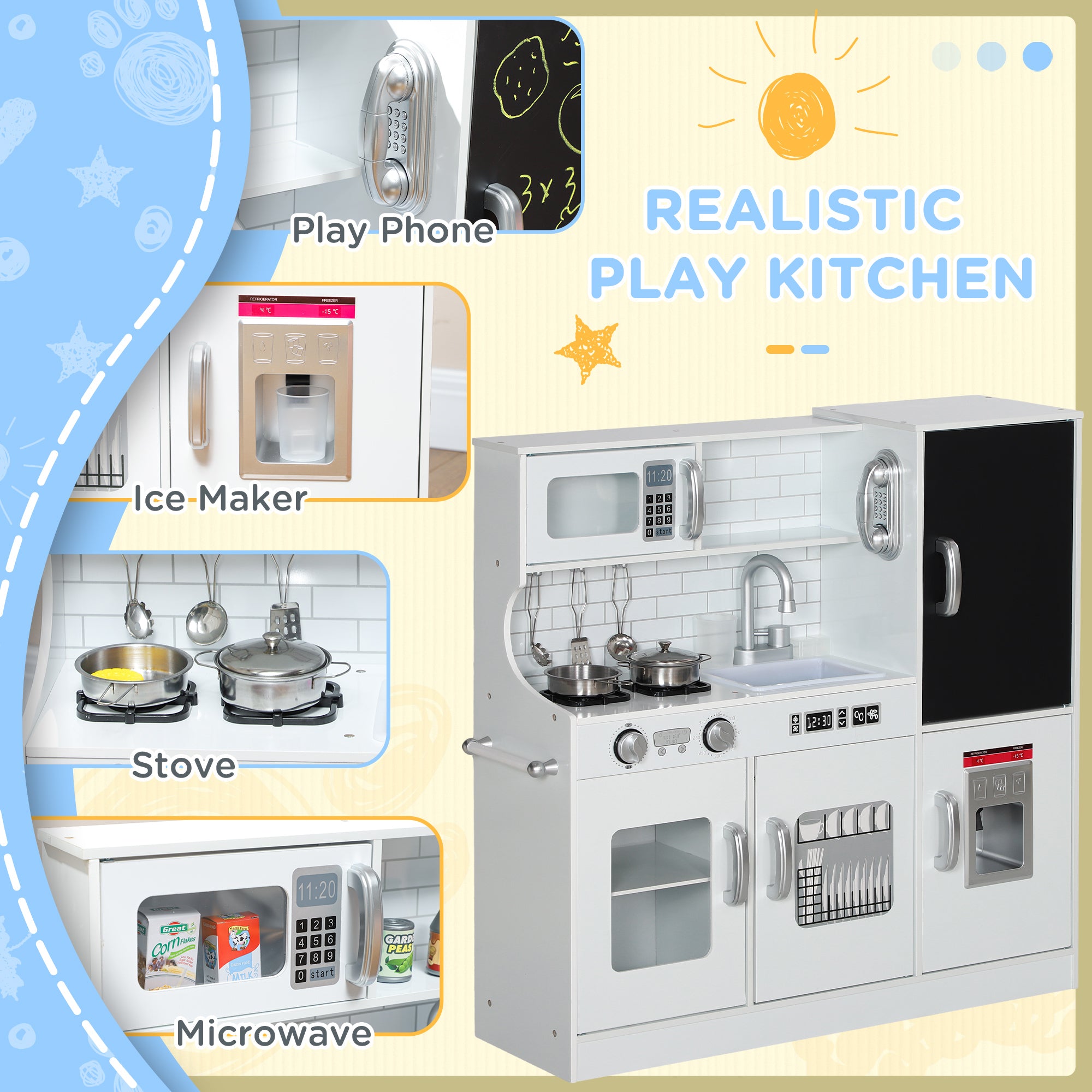 Pretend Play Kitchen, Kids Kitchen Playset, with Toy Phone, Chalkboard, Microwave, Cooking Stove, Sink, White