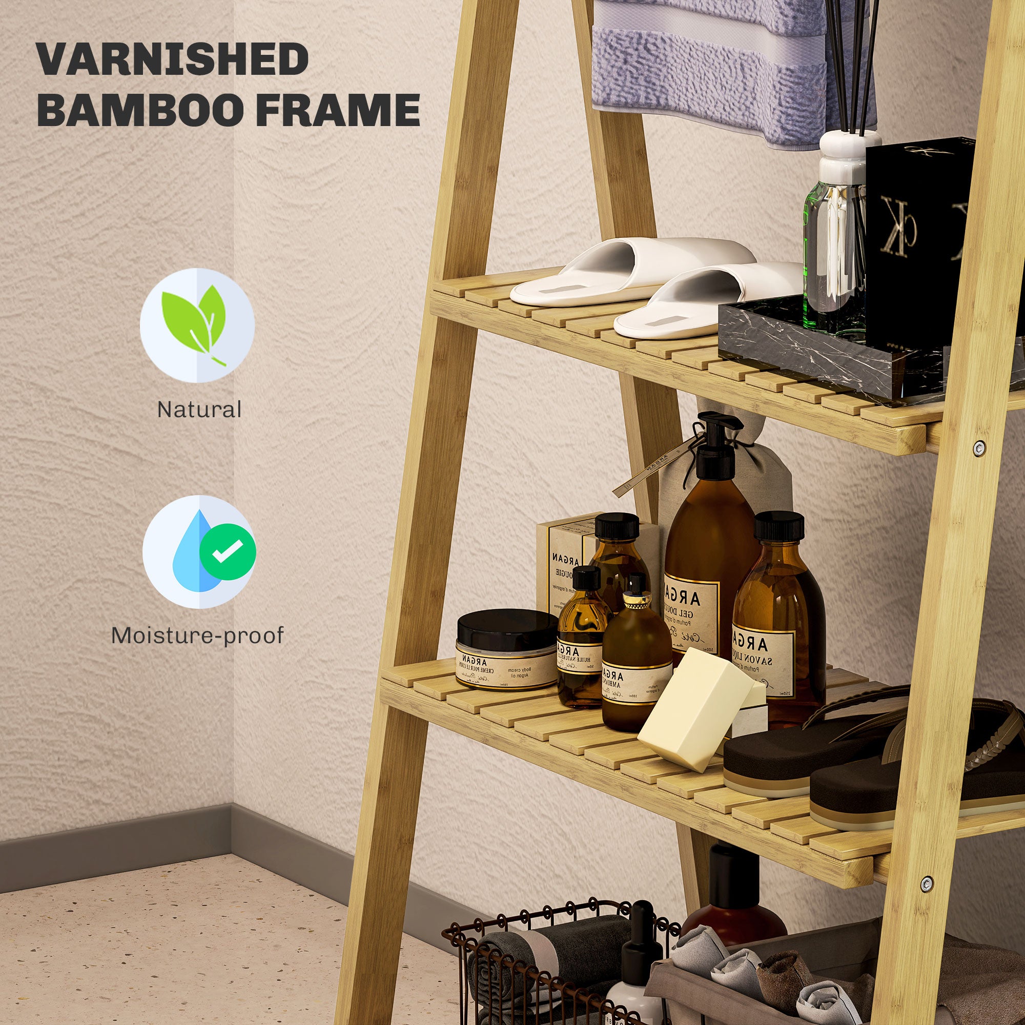 Three-Shelf Bamboo Storage Unit, with Towel Racks - Natural Finish