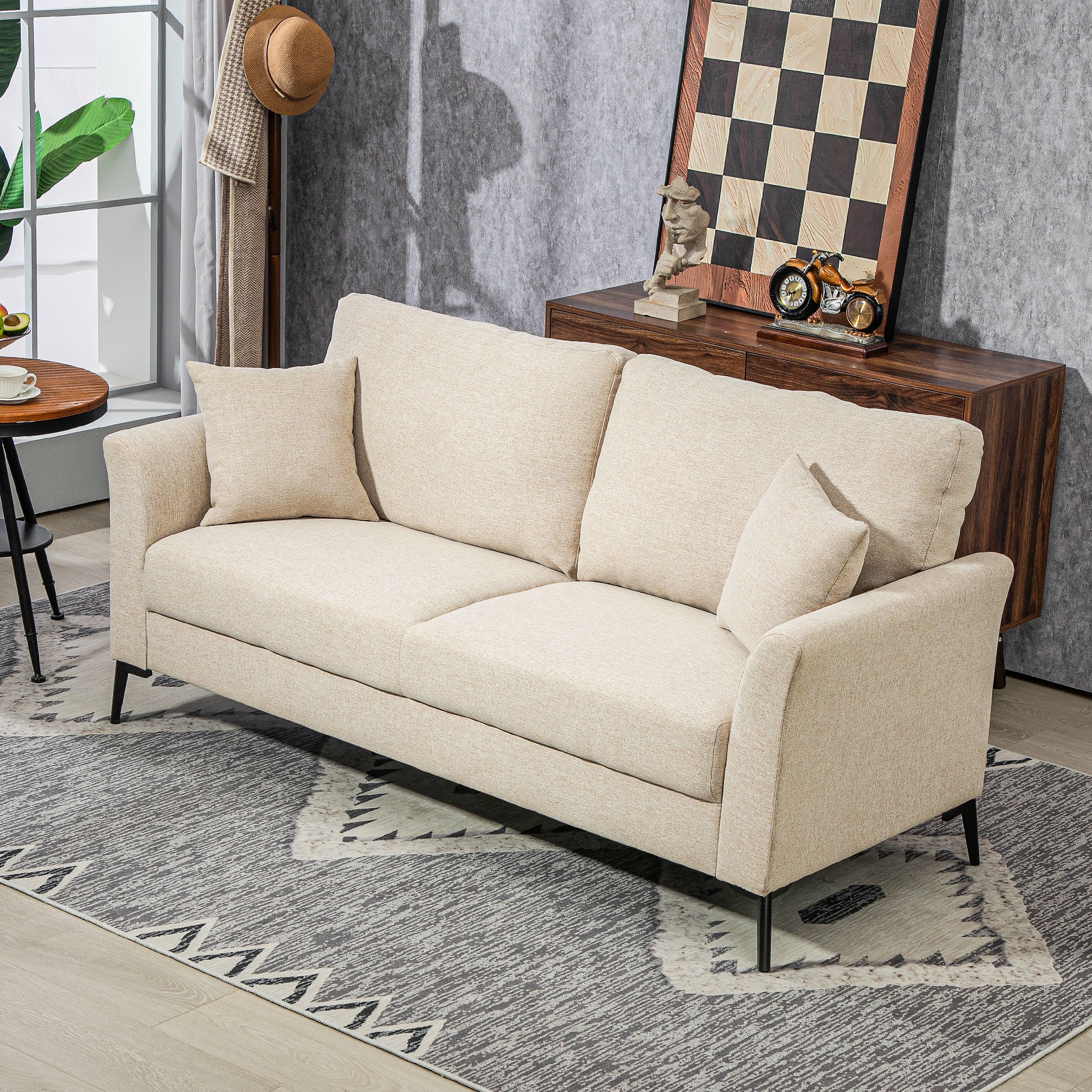 Modern 2 Seater Sofa, Linen Fabric Upholstered Loveseat Sofa with Metal Legs, Wood Frame and Padded Cushion for Living Room Bedroom Office, Beige