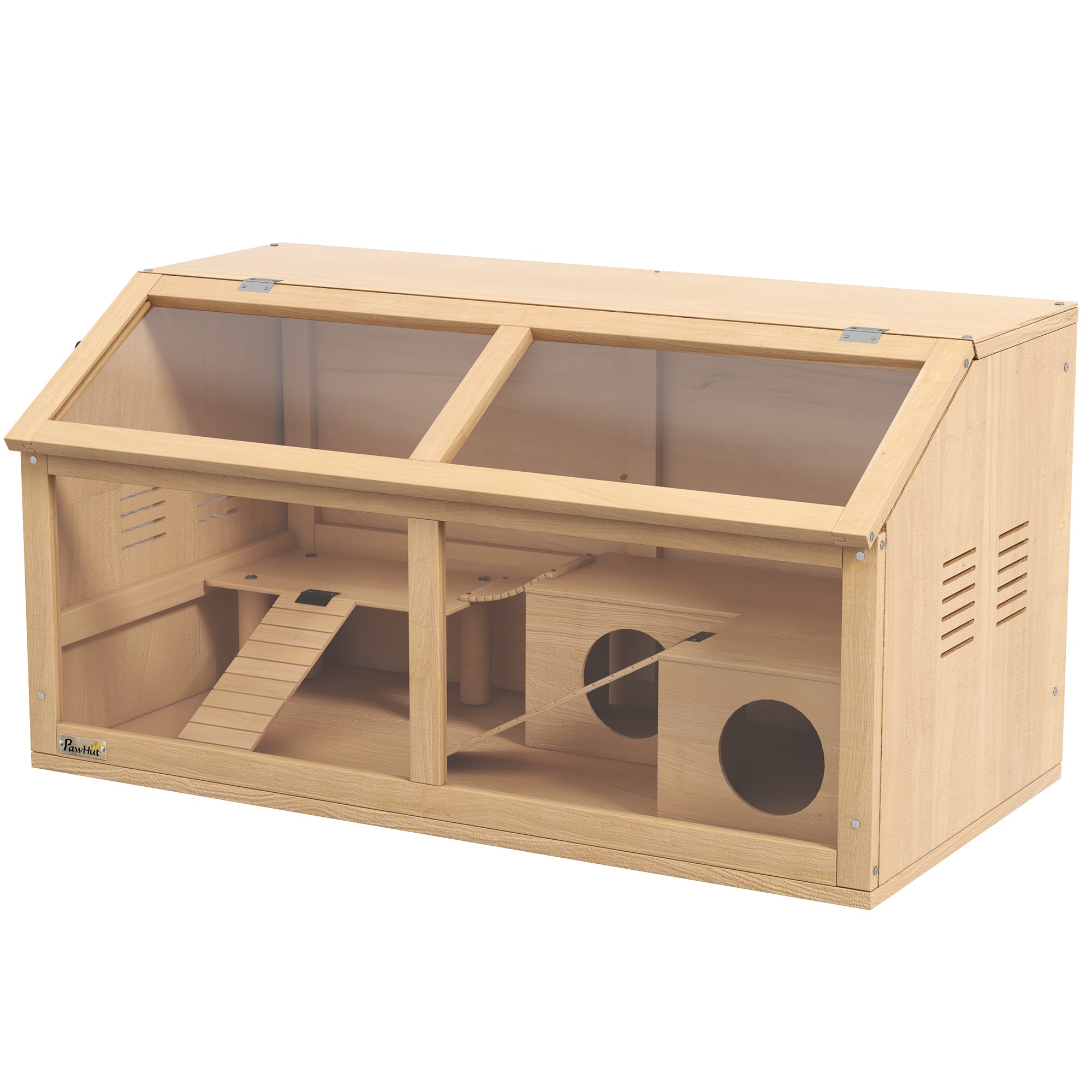 Hamster Cage, Wooden Small Animal Cage for Gerbils, Mice w/ Suspension Bridge, Openable Top, Hut, 85 x 45 x 44cm Nature