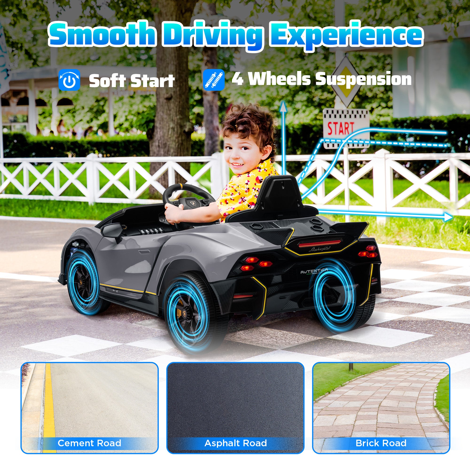 12V Lamborghini Autentica Licensed Kids Electric Car with Remote Control, Four Suspension Wheels, Soft Start, Grey
