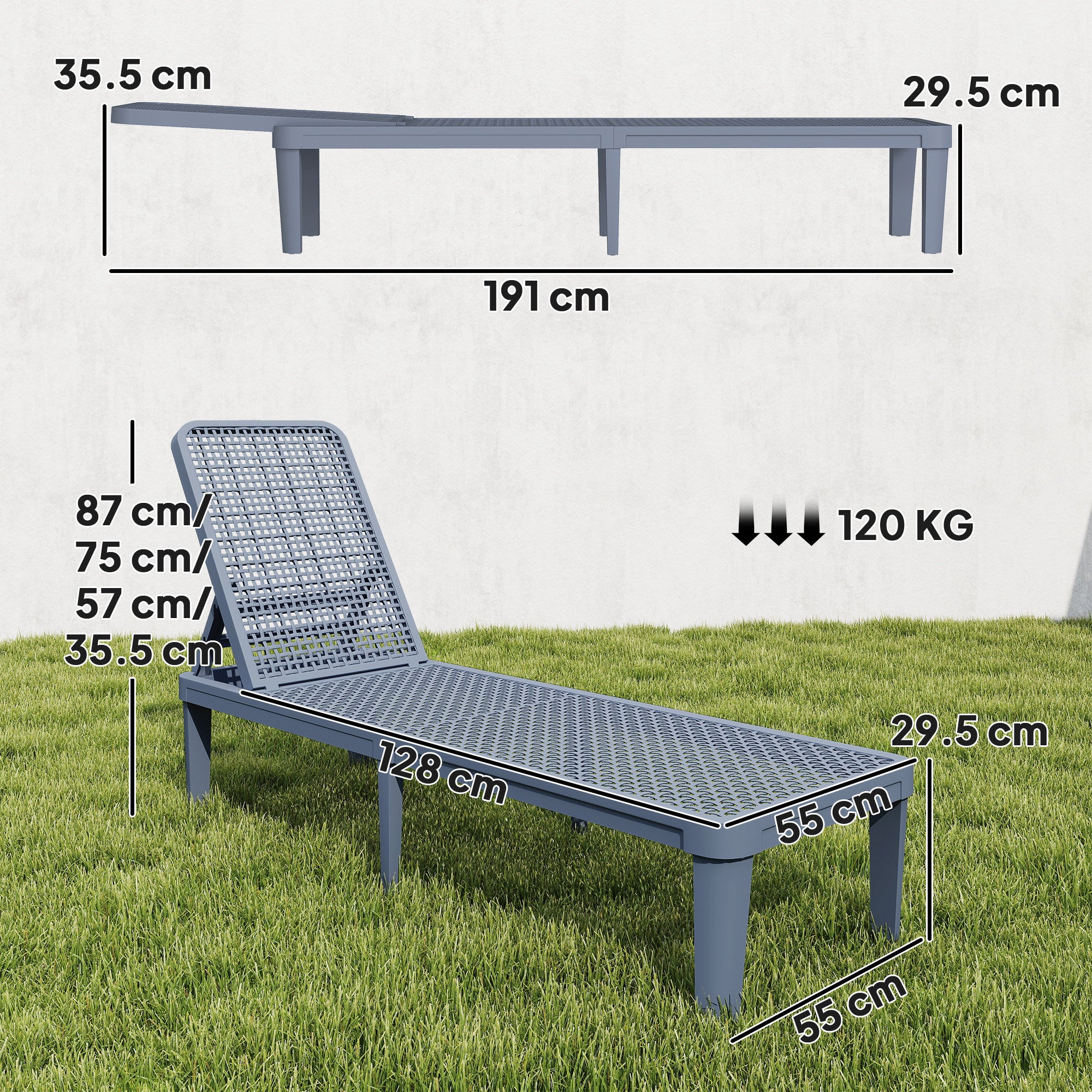 Plastic Sun Lounger, 4-Position Adjustable Reclining Garden Lounger Sunbed for Patio, Beach, Terrace, Dark Grey