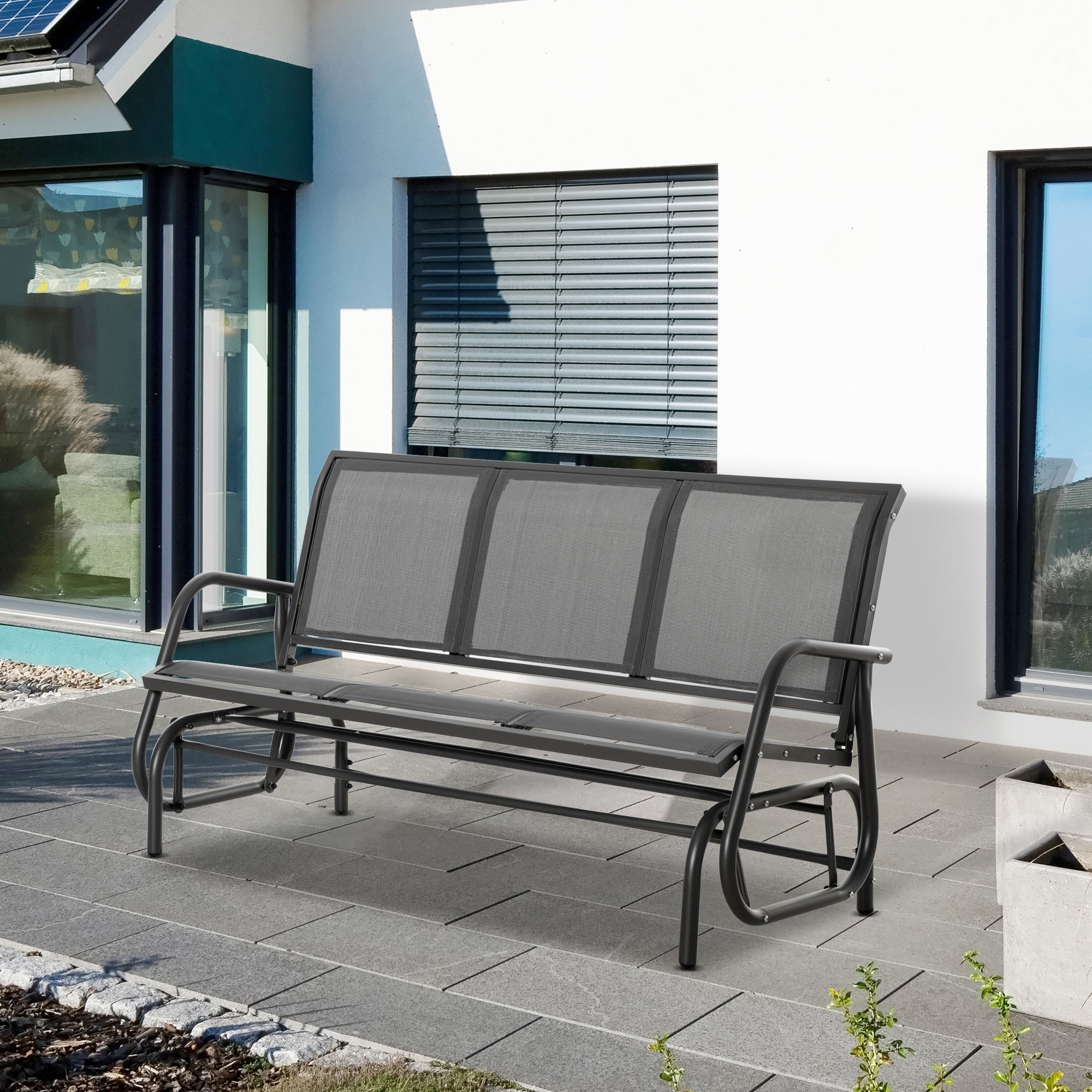 3-Seat Glider Rocking Chair for 3 People Garden Bench Patio Furniture Metal Frame, Grey